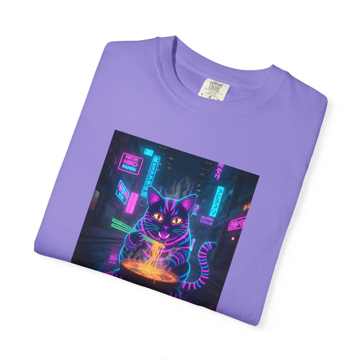 Neon Cyberpunk Cat Mystic Bowl T-shirt | Retro Futuristic Alley Art