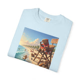 Lifeguard Capybara on Beach T-shirt | Surf Rescue Sunset Scene