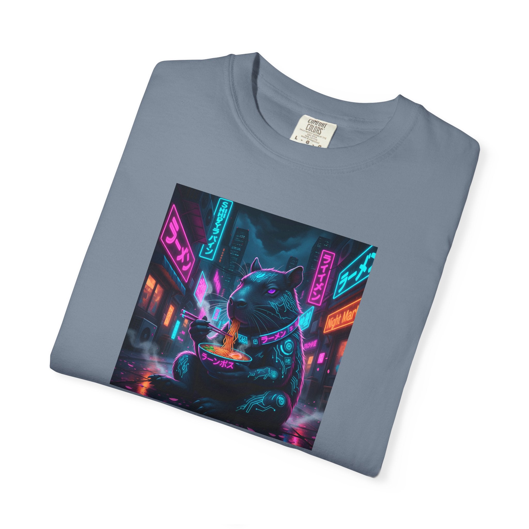 Neon Cyberpunk Capybara Cityscape T-Shirt | Futuristic Night Street Art