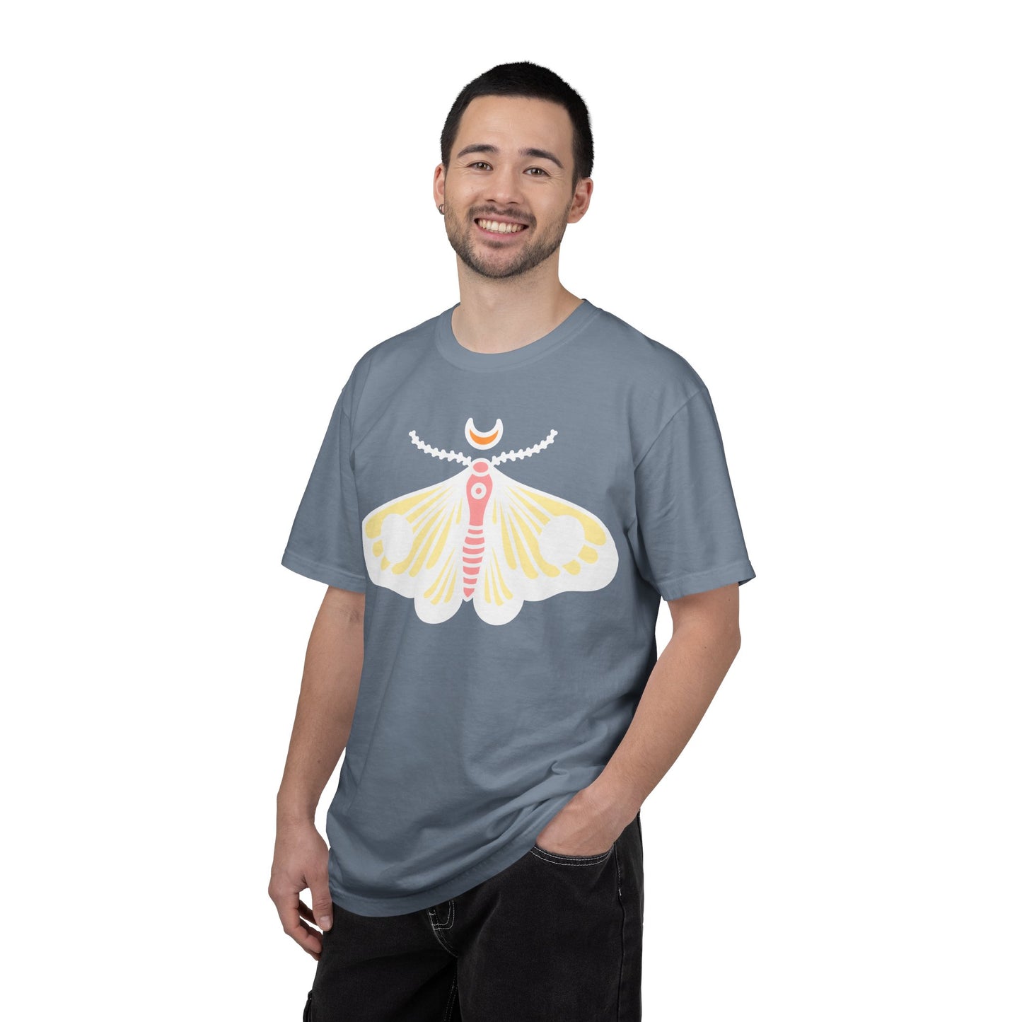 Celestial Moth T-shirt | Pink Yellow Moth with Crescent Moon