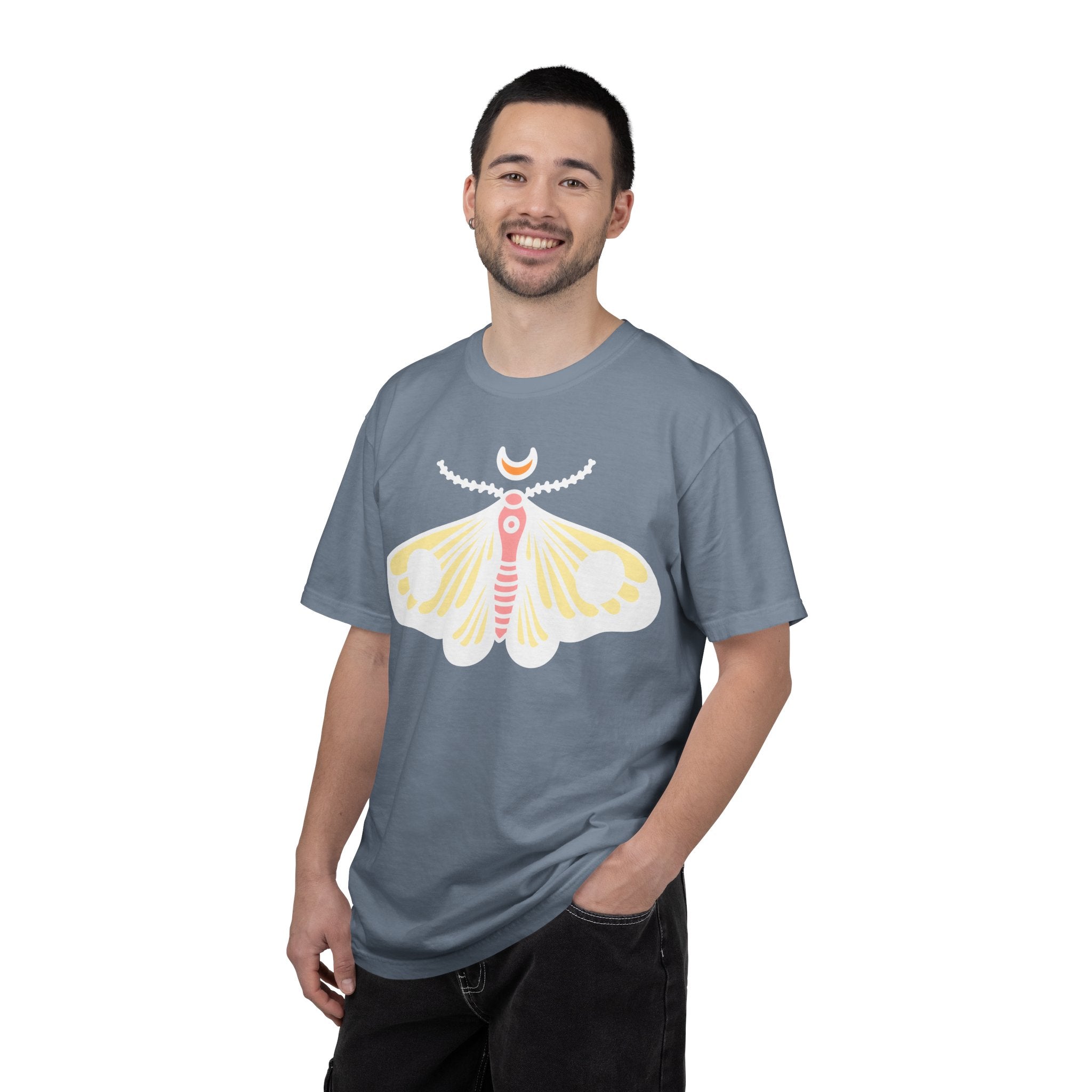 Celestial Moth T-shirt | Pink Yellow Moth with Crescent Moon