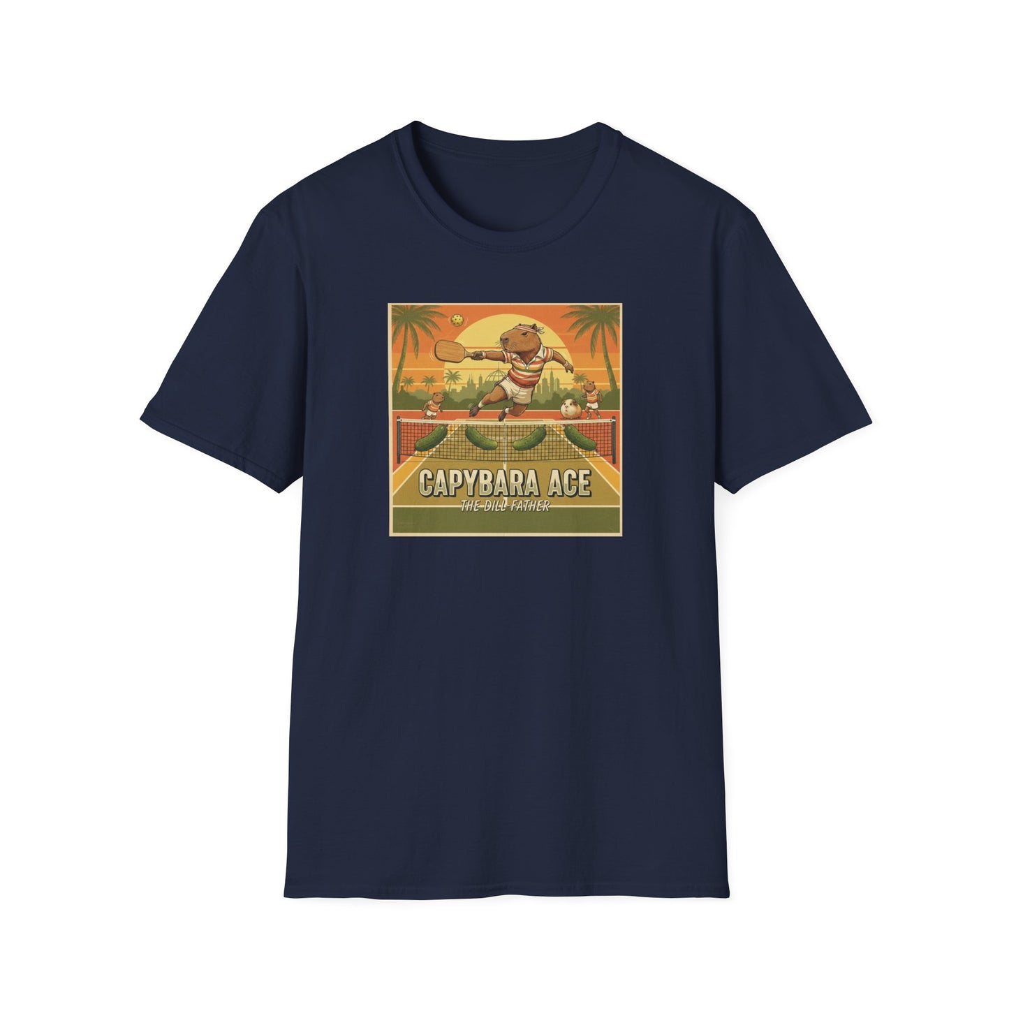 Capybara Ace Pickleball Player T-Shirt | Retro Tropical Court Design