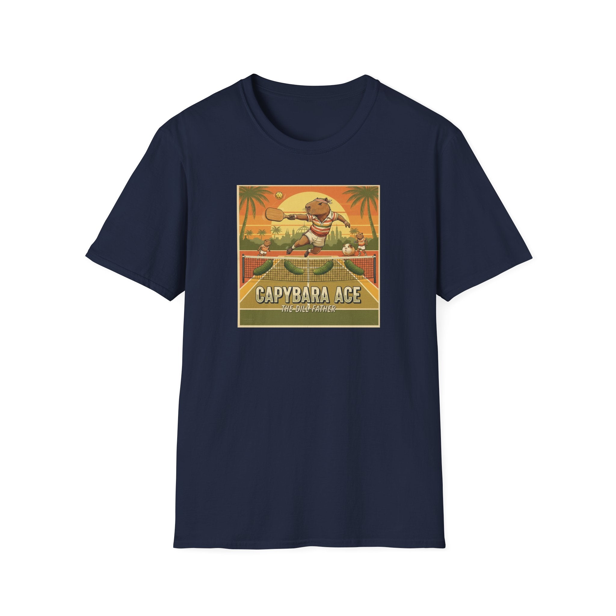 Capybara Ace Pickleball Player T-Shirt | Retro Tropical Court Design