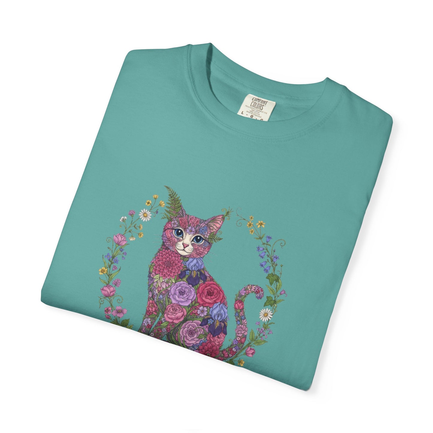 Floral Cat Illustration T-shirt | Botanical Kitty Circle Print
