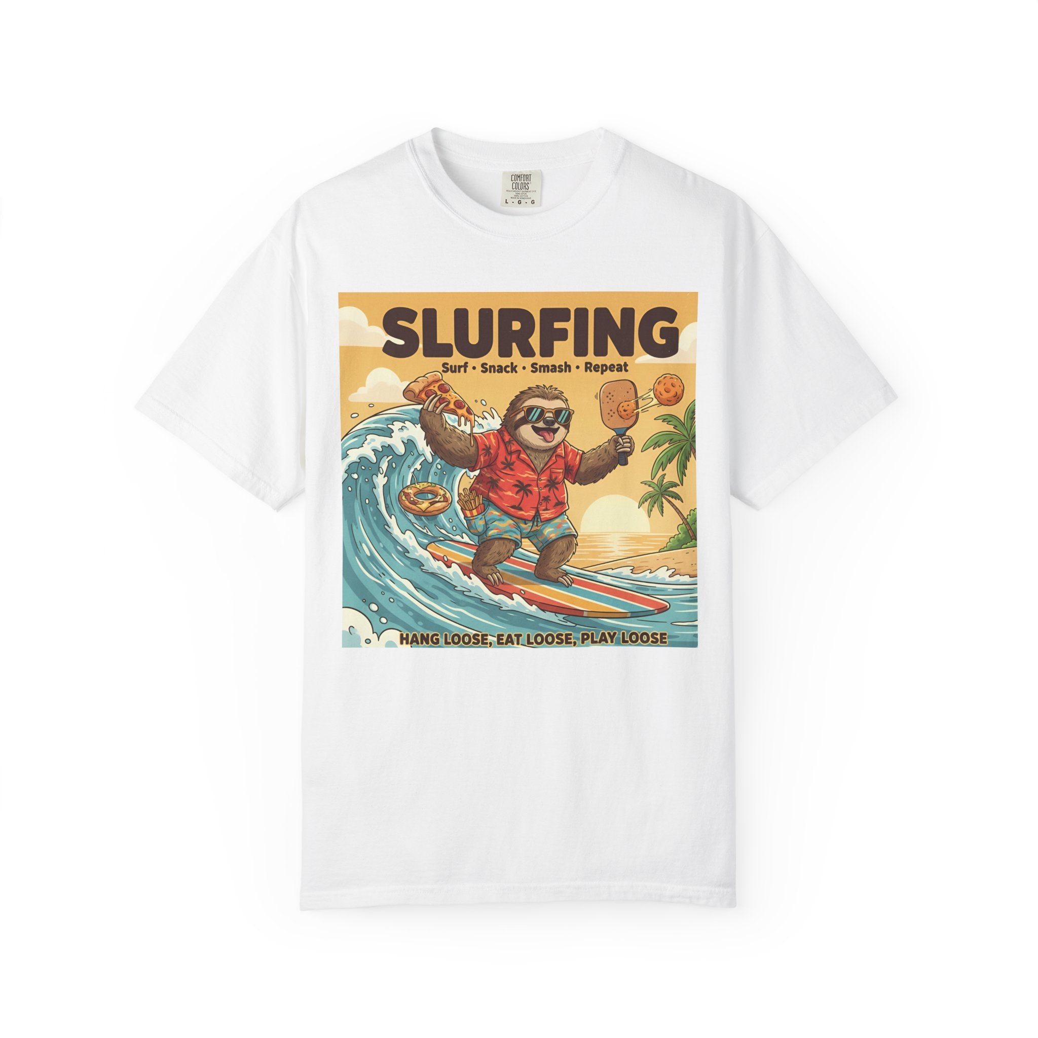 Slurfing Surfing Sloth T-Shirt | Retro Beach Wave Illustration