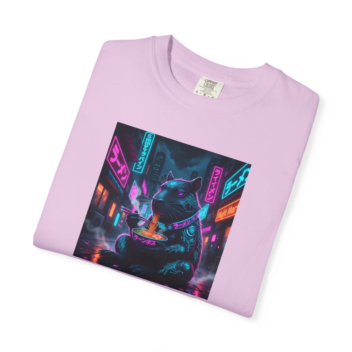 Neon Cyberpunk Capybara Cityscape T-Shirt | Futuristic Night Street Art