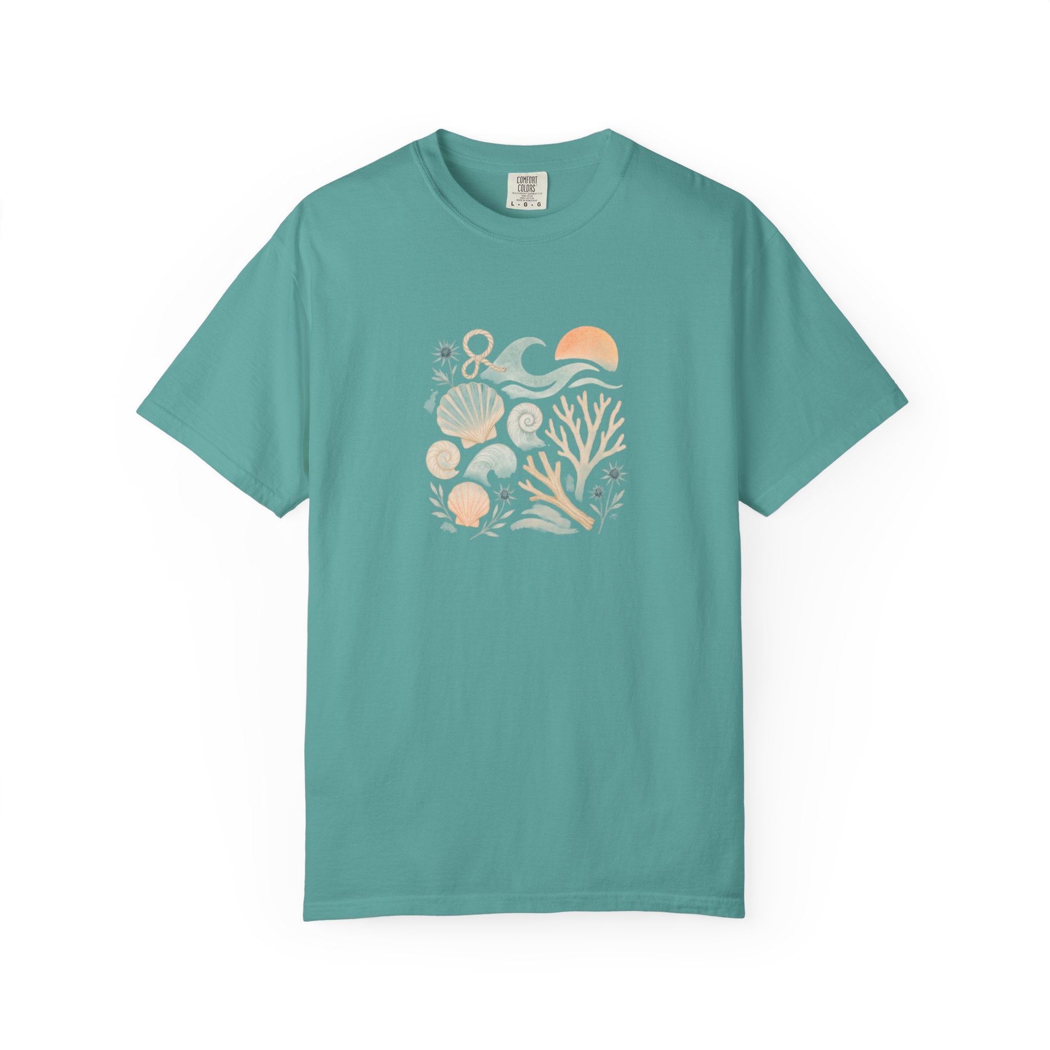 Coastal Seashells and Coral T-Shirt | Beach Wave Sunset Art