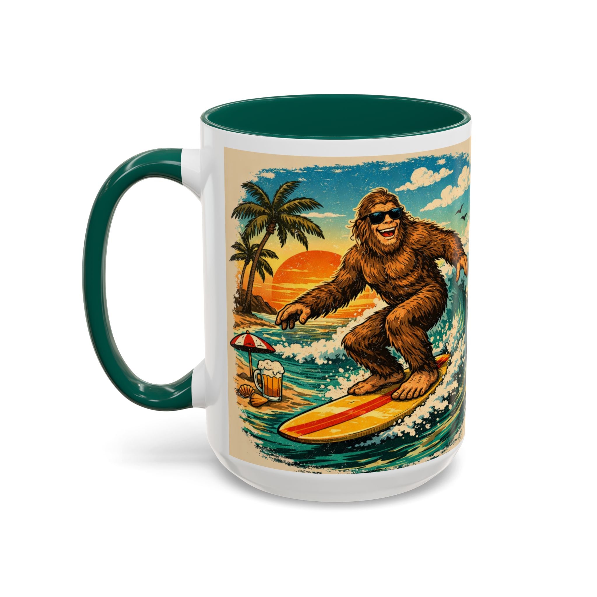 Surfing Bigfoot Mug | Retro Beach Sunset Bigfoot Wave Coffee Cup