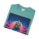Retro Vaporwave Capybara with Sunglasses T-shirt | Neon Sunset Palm Trees