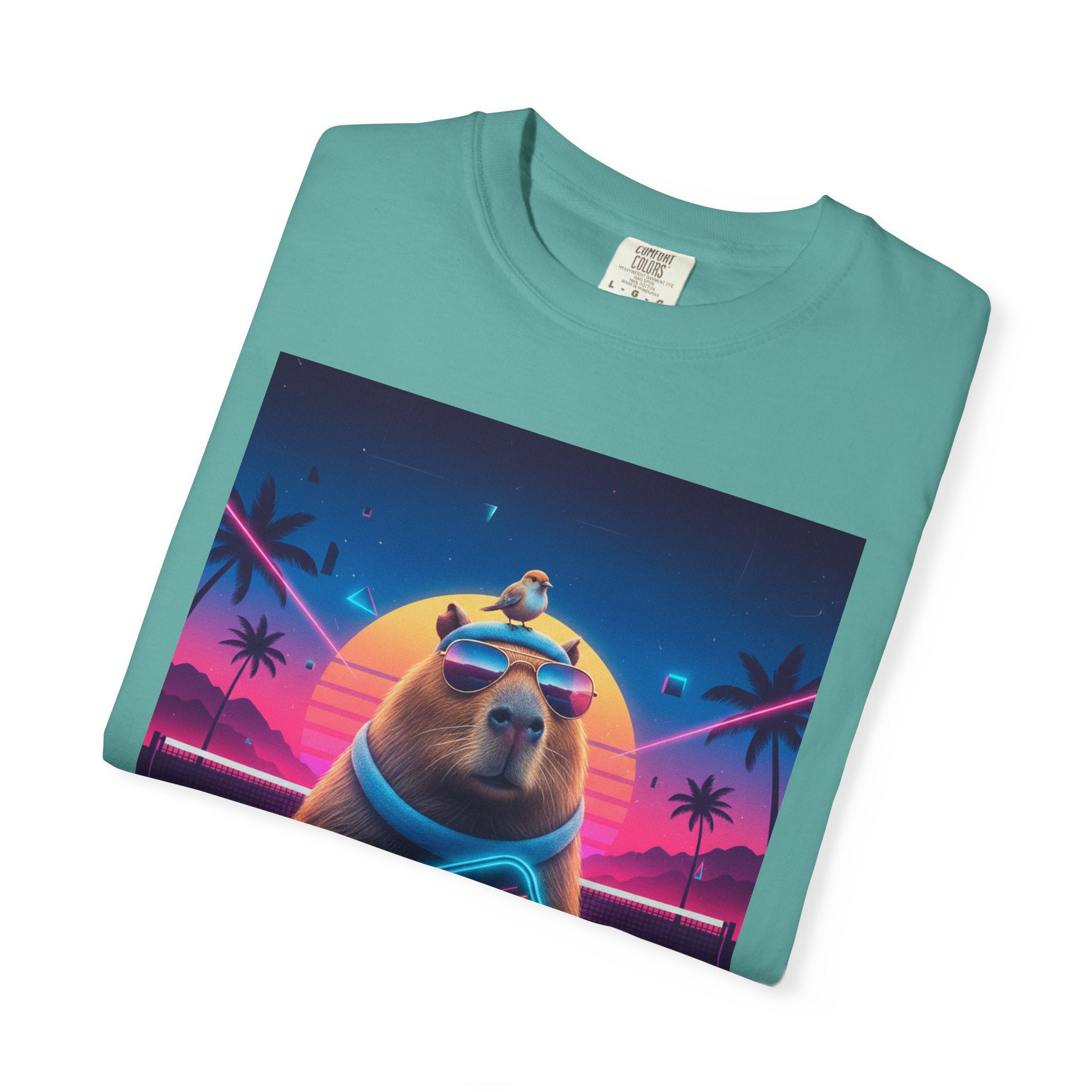Retro Vaporwave Capybara with Sunglasses T-shirt | Neon Sunset Palm Trees