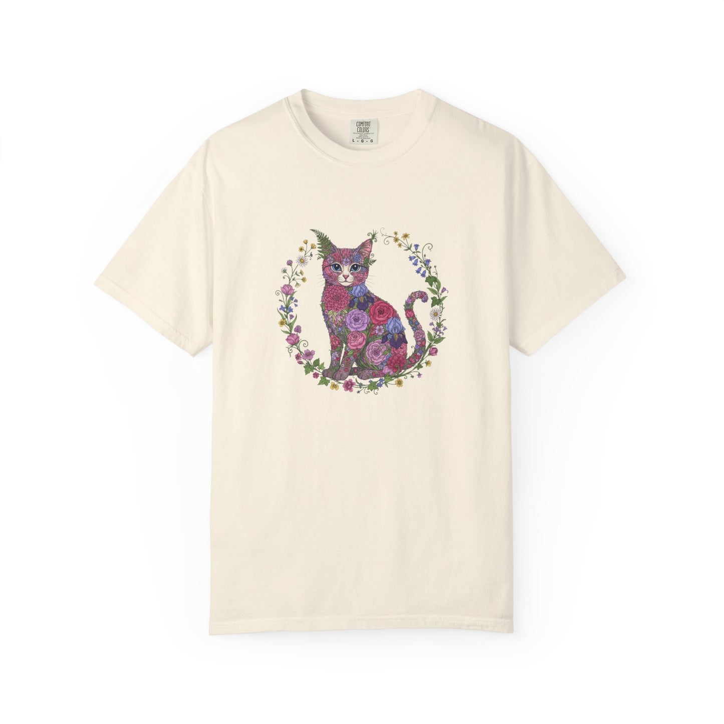 Floral Cat Illustration T-shirt | Botanical Kitty Circle Print