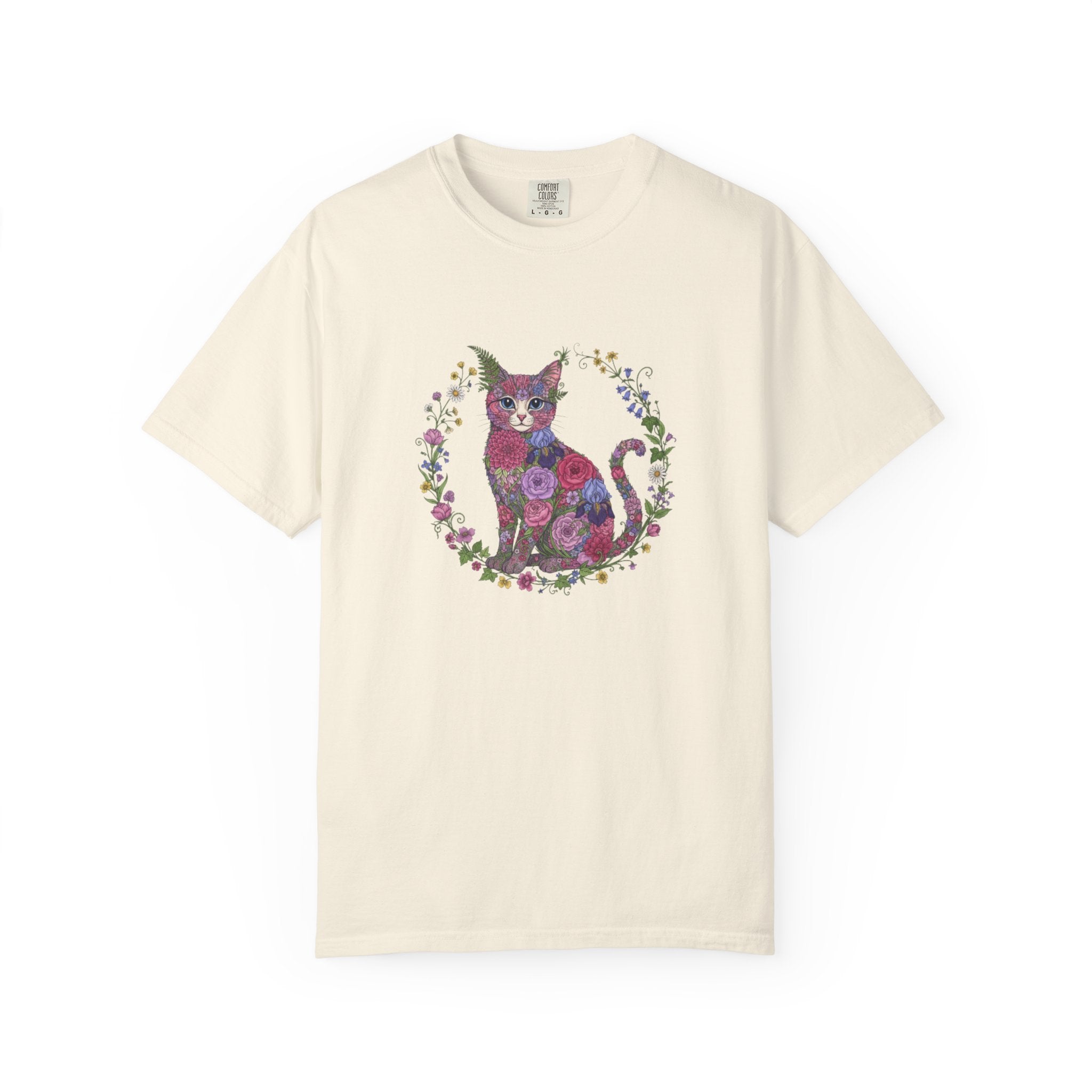 Floral Cat Illustration T-shirt | Botanical Kitty Circle Print