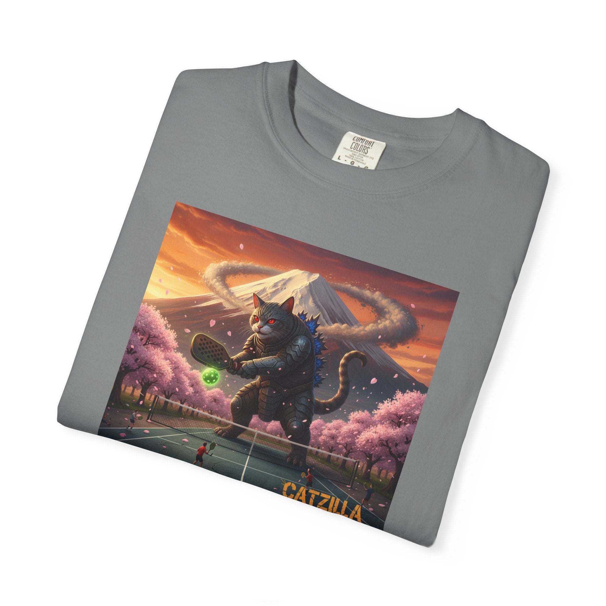 Catzilla Pickleball Destroyer T-shirt | Kaiju Cat Samurai, Mount Fuji Cherry Blossoms