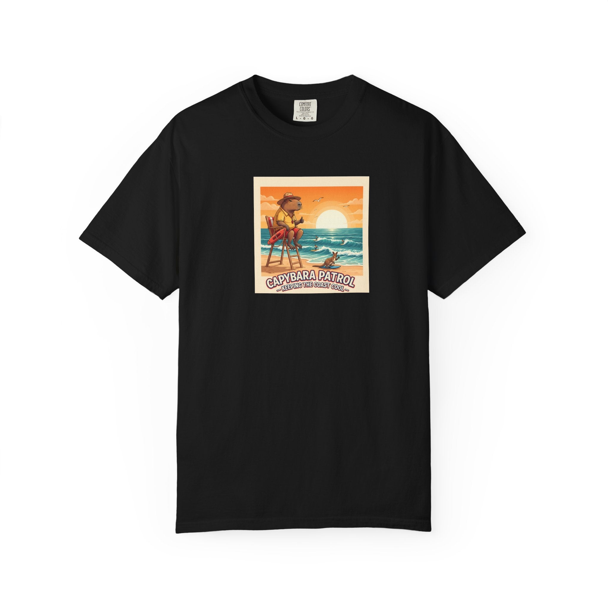 Capybara Patrol Sunset Surfing Capybara T-Shirt | Retro Beach Vibes