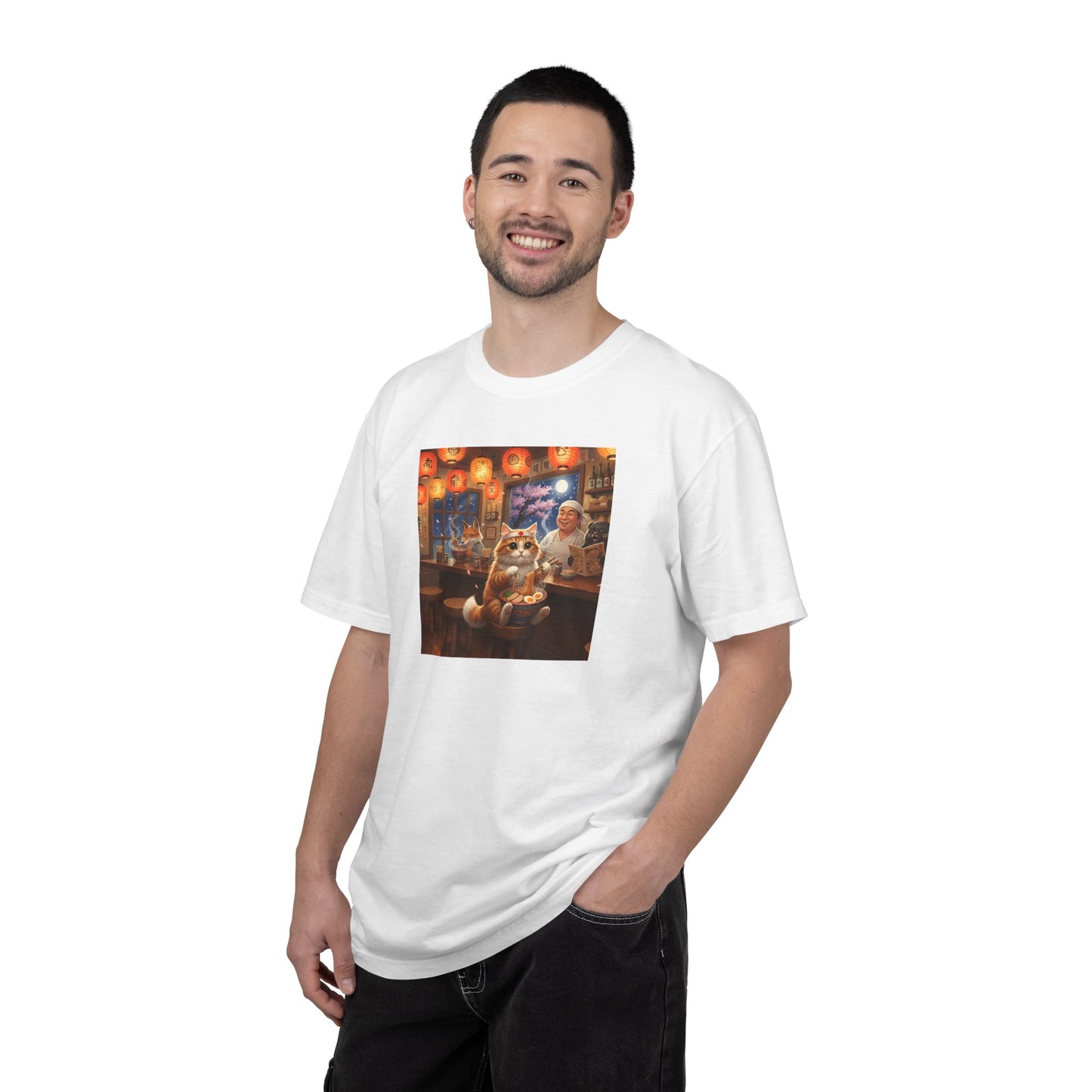 Whiskers and the Wondrous Noodles Cat Bar Ramen Scene T-shirt | Cozy Pub Cat Illustration