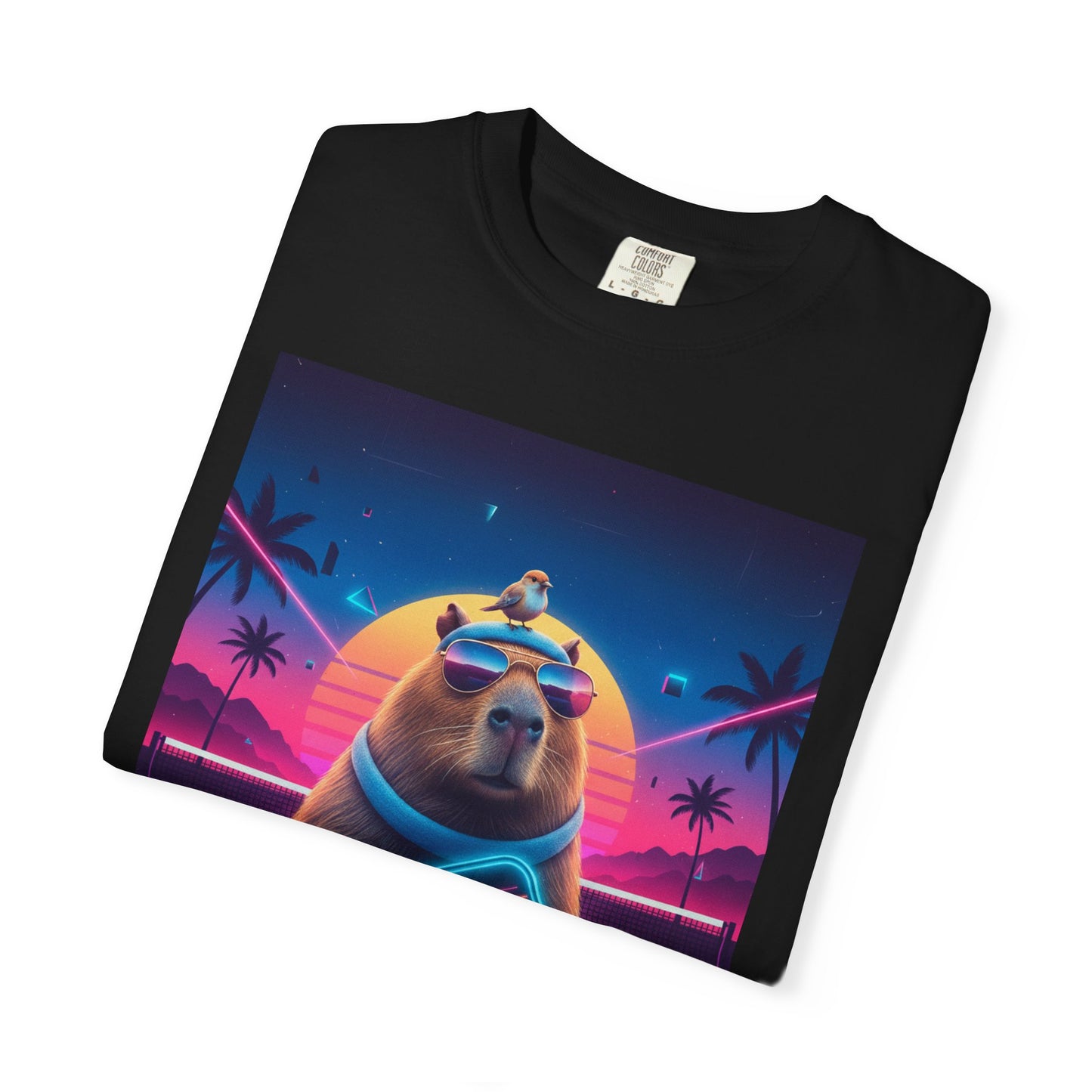 Retro Vaporwave Capybara with Sunglasses T-shirt | Neon Sunset Palm Trees