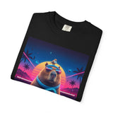 Retro Vaporwave Capybara with Sunglasses T-shirt | Neon Sunset Palm Trees