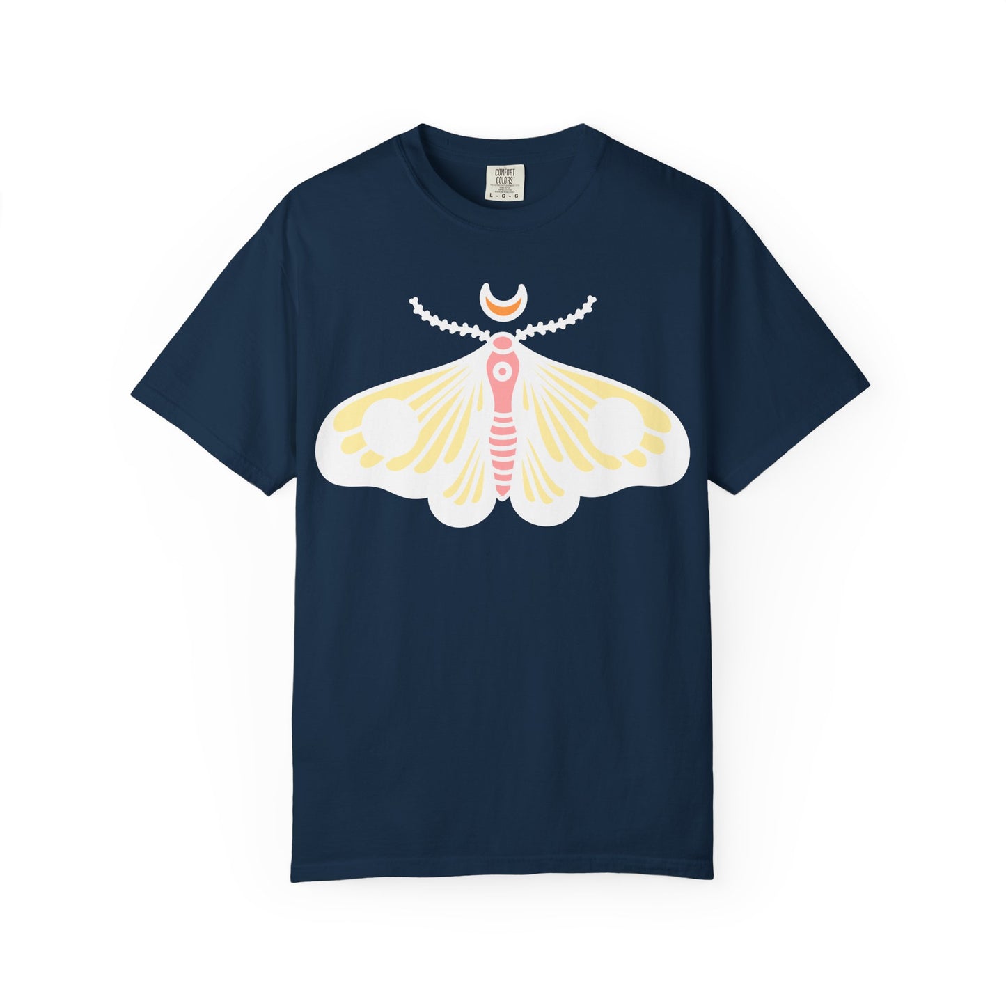 Celestial Moth T-shirt | Pink Yellow Moth with Crescent Moon