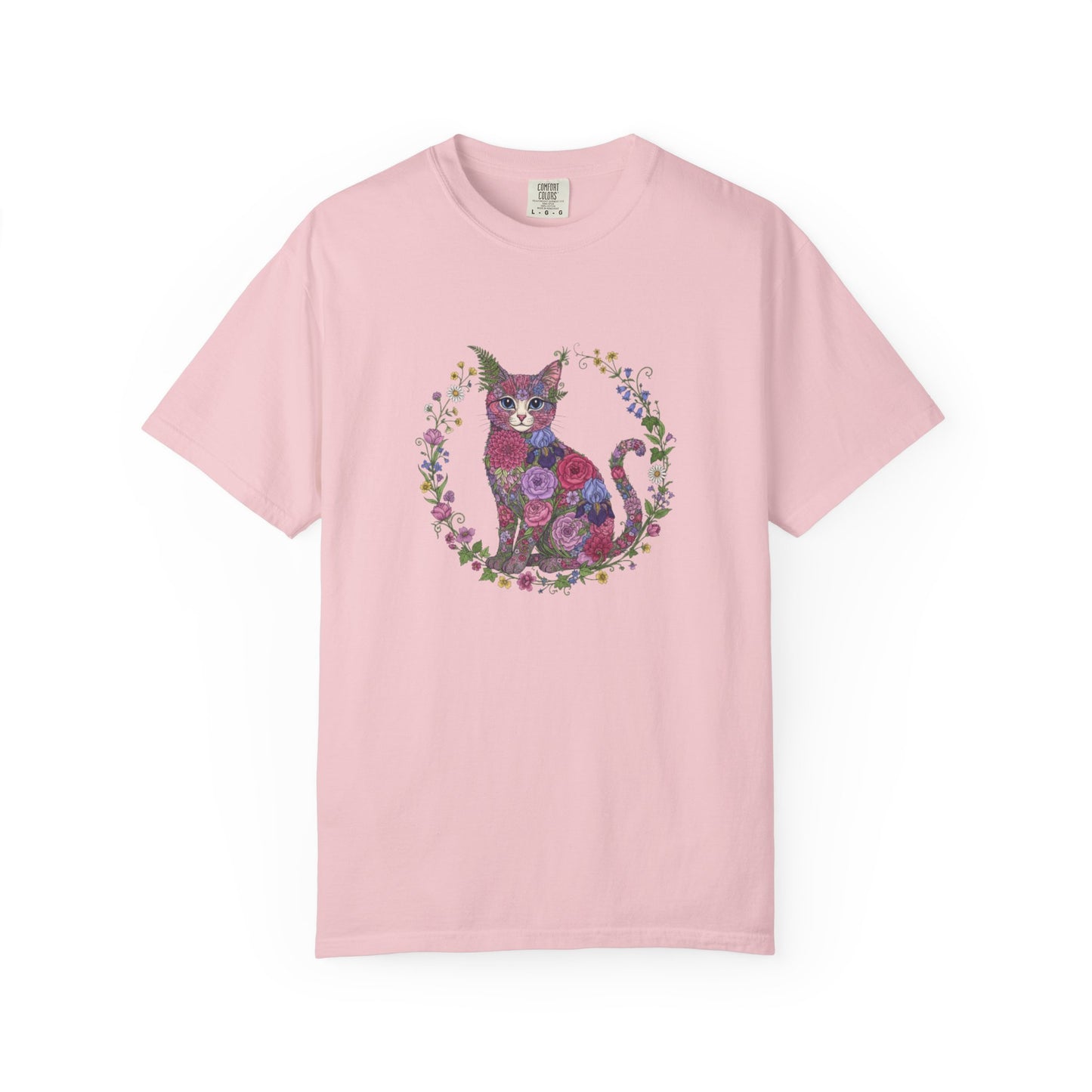 Floral Cat Illustration T-shirt | Botanical Kitty Circle Print