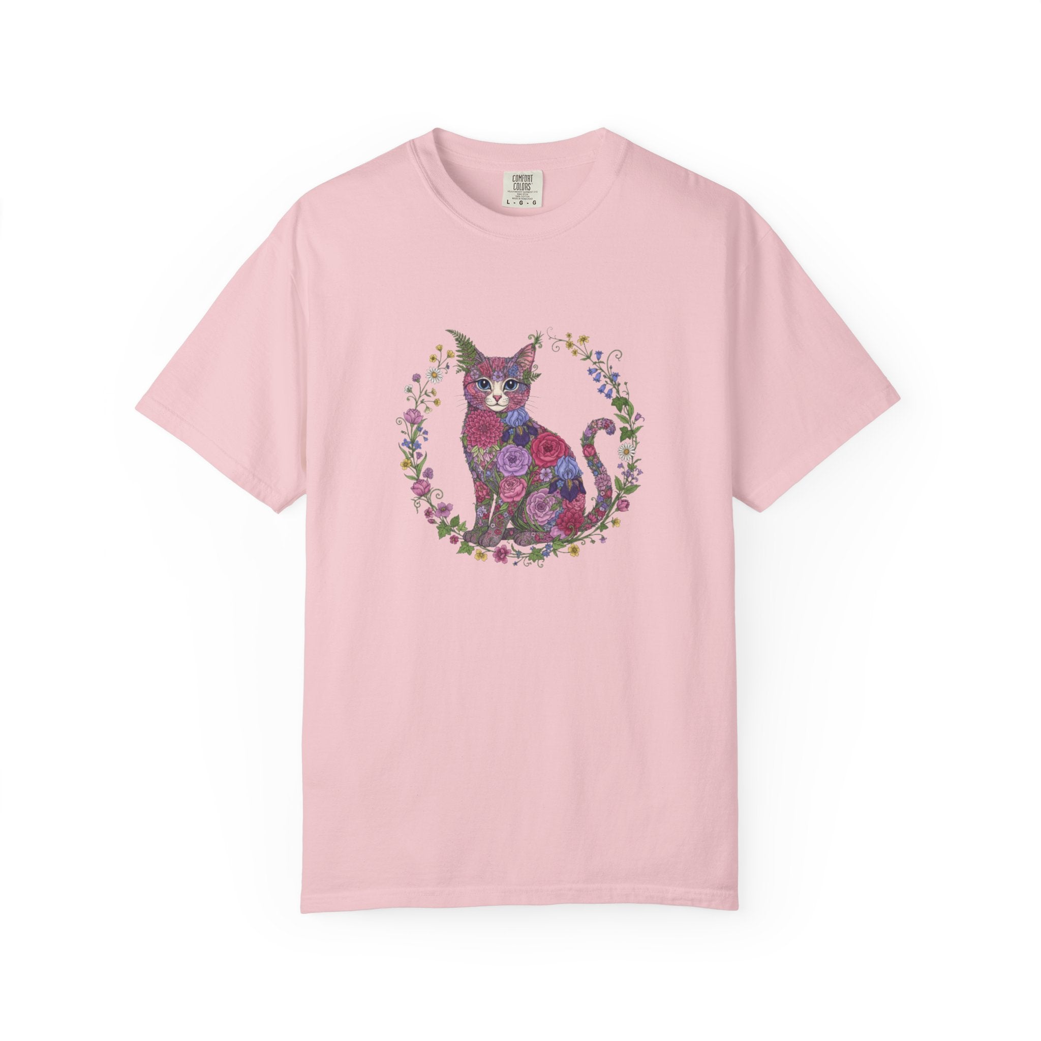 Floral Cat Illustration T-shirt | Botanical Kitty Circle Print