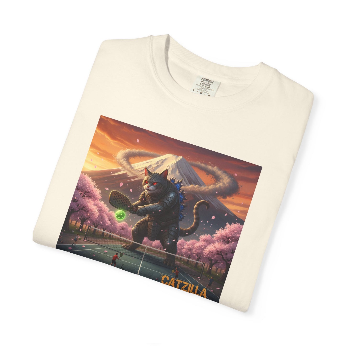 Catzilla Pickleball Destroyer T-shirt | Kaiju Cat Samurai, Mount Fuji Cherry Blossoms