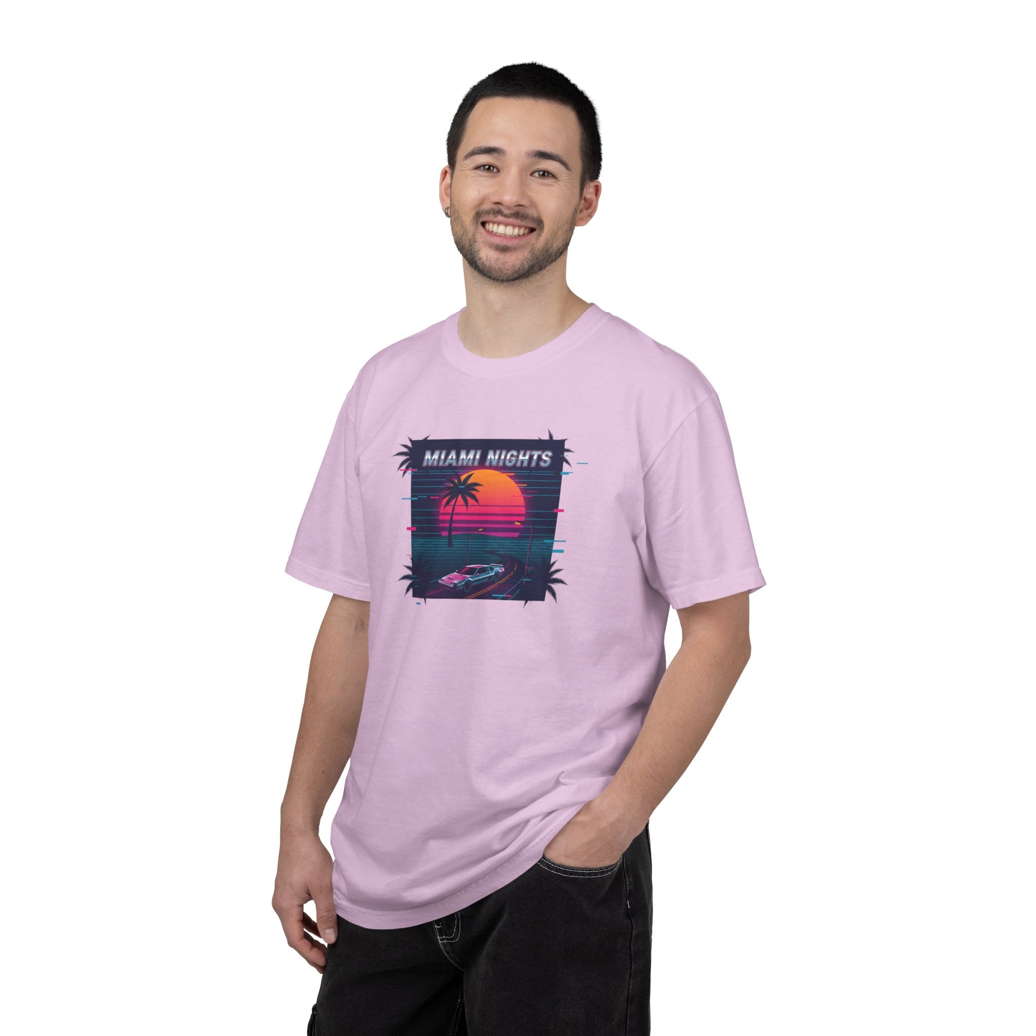 Miami Nights Sunset Palm T-shirt | Retro Vaporwave Beach Scene