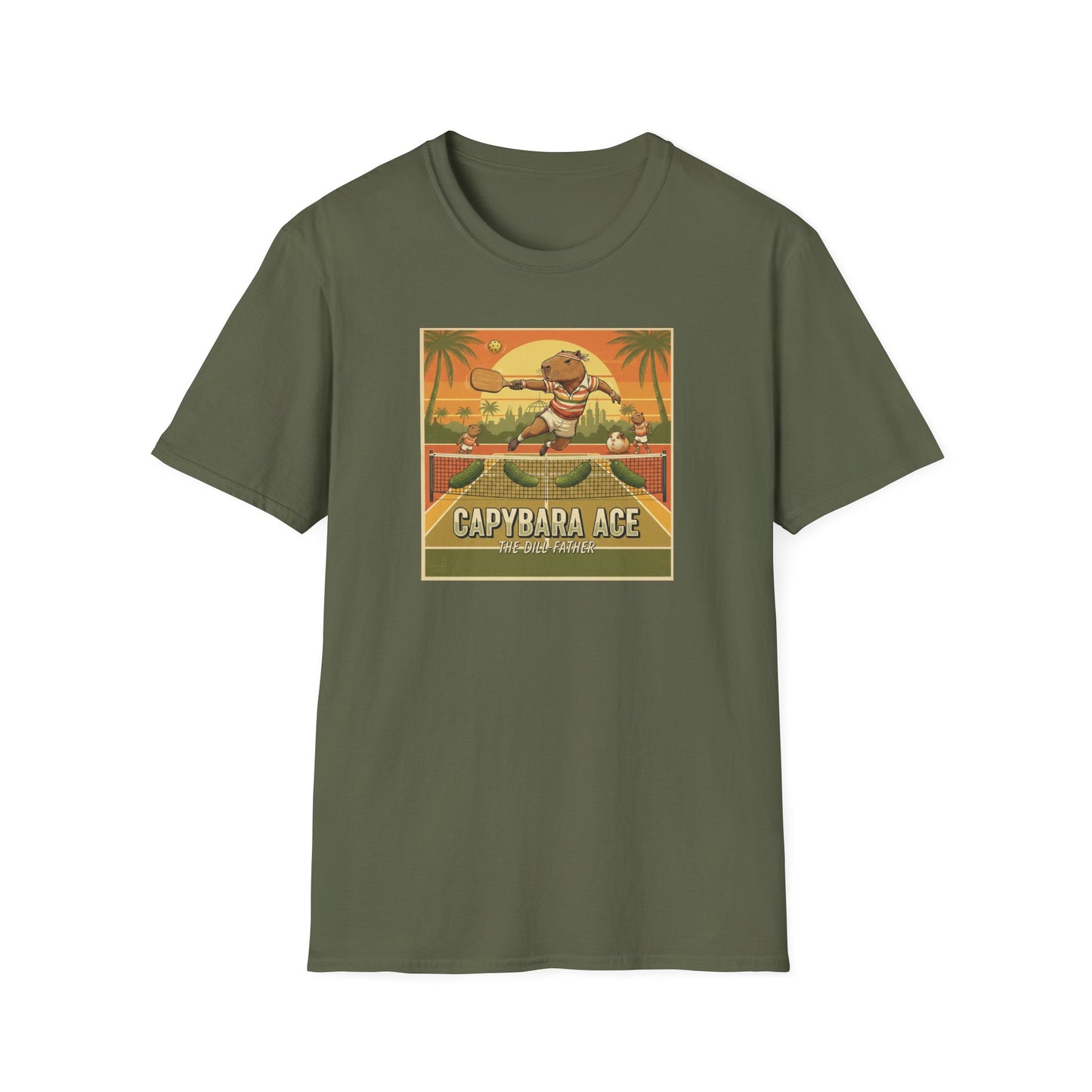 Capybara Ace Pickleball Player T-Shirt | Retro Tropical Court Design