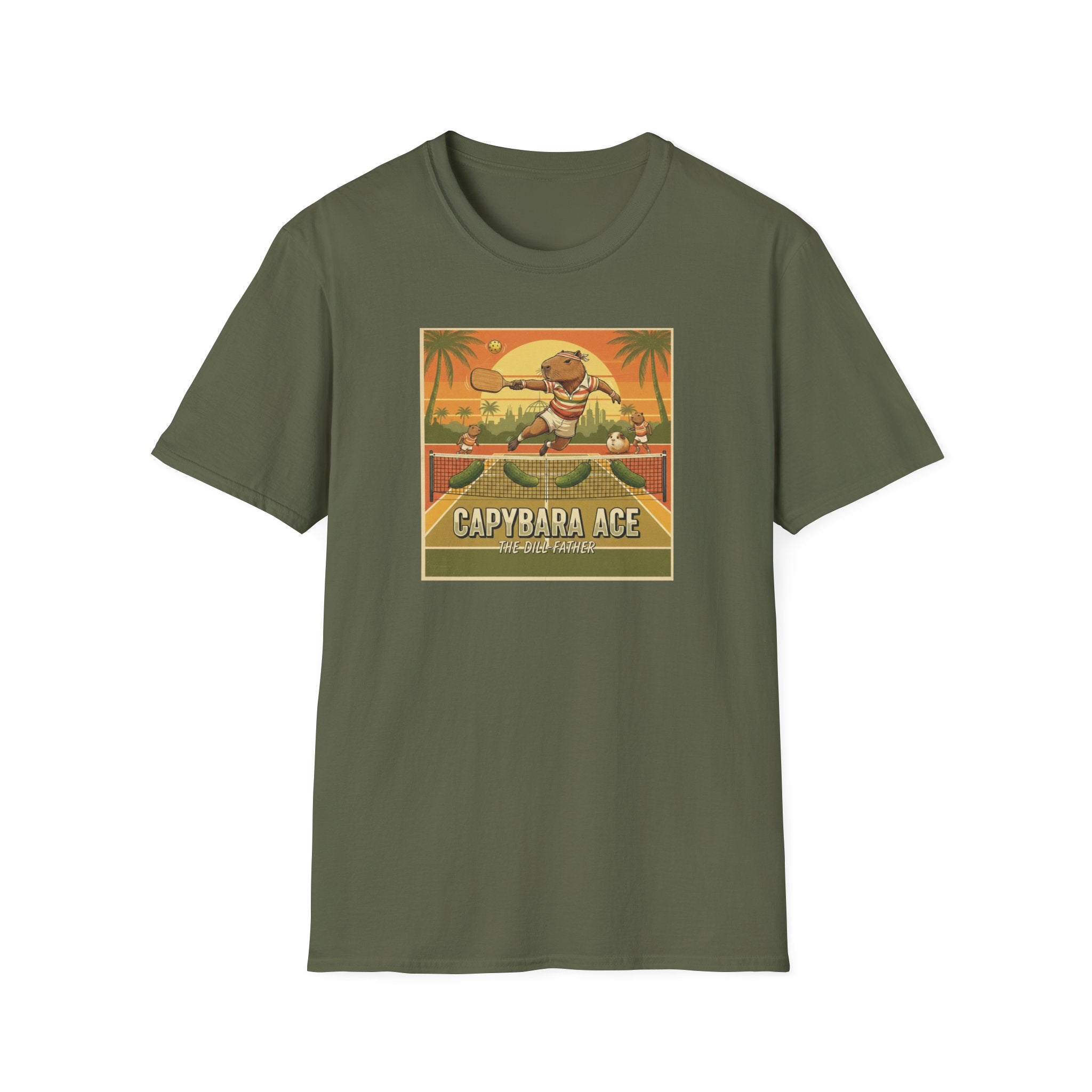 Capybara Ace Pickleball Player T-Shirt | Retro Tropical Court Design