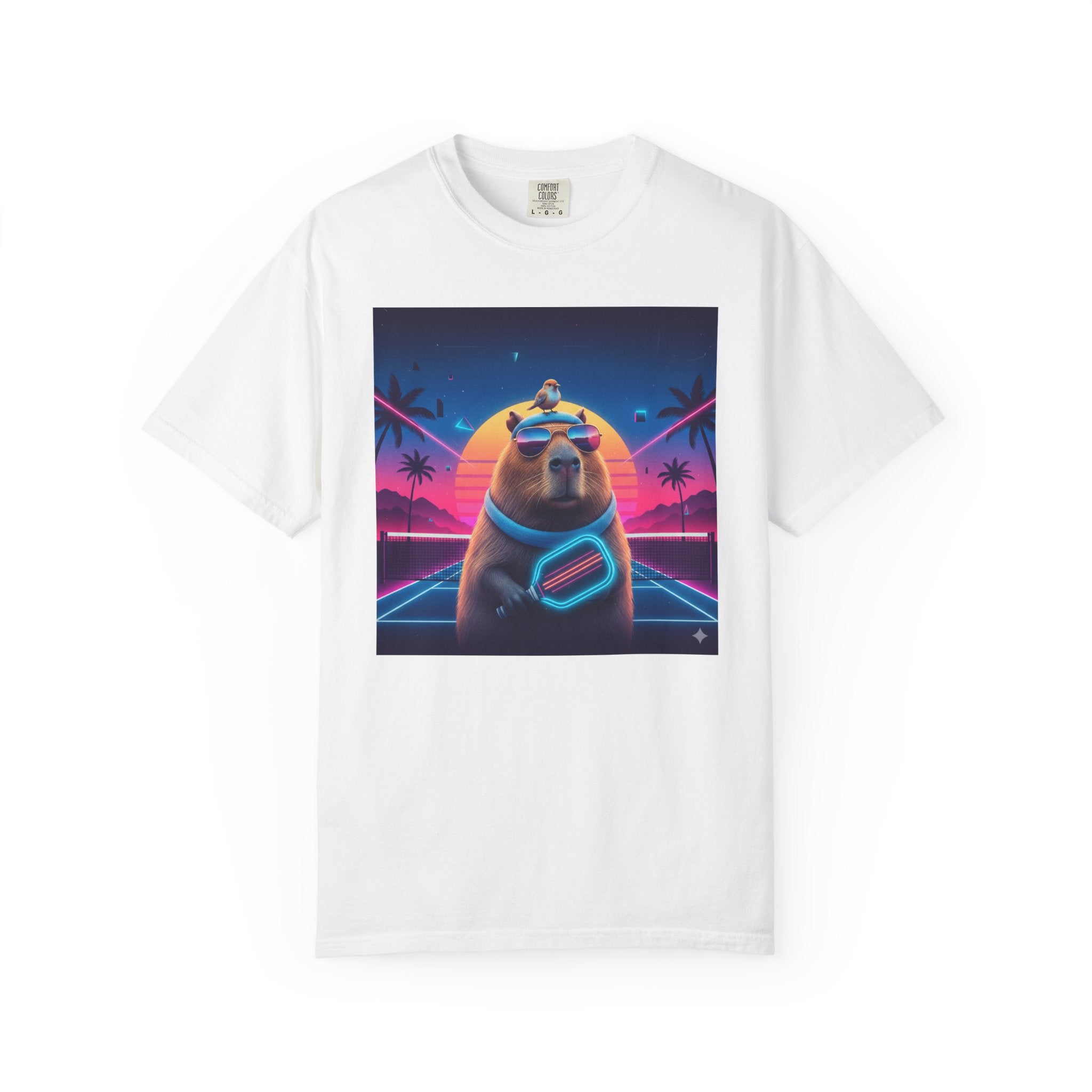 Retro Vaporwave Capybara with Sunglasses T-shirt | Neon Sunset Palm Trees