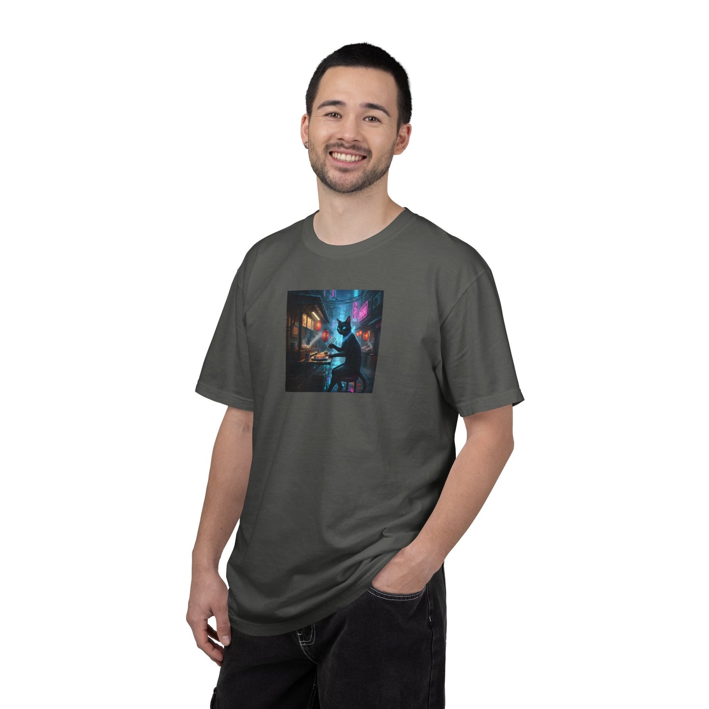 Cyberpunk Cat Sushi T-shirt | Neon Japan Noir