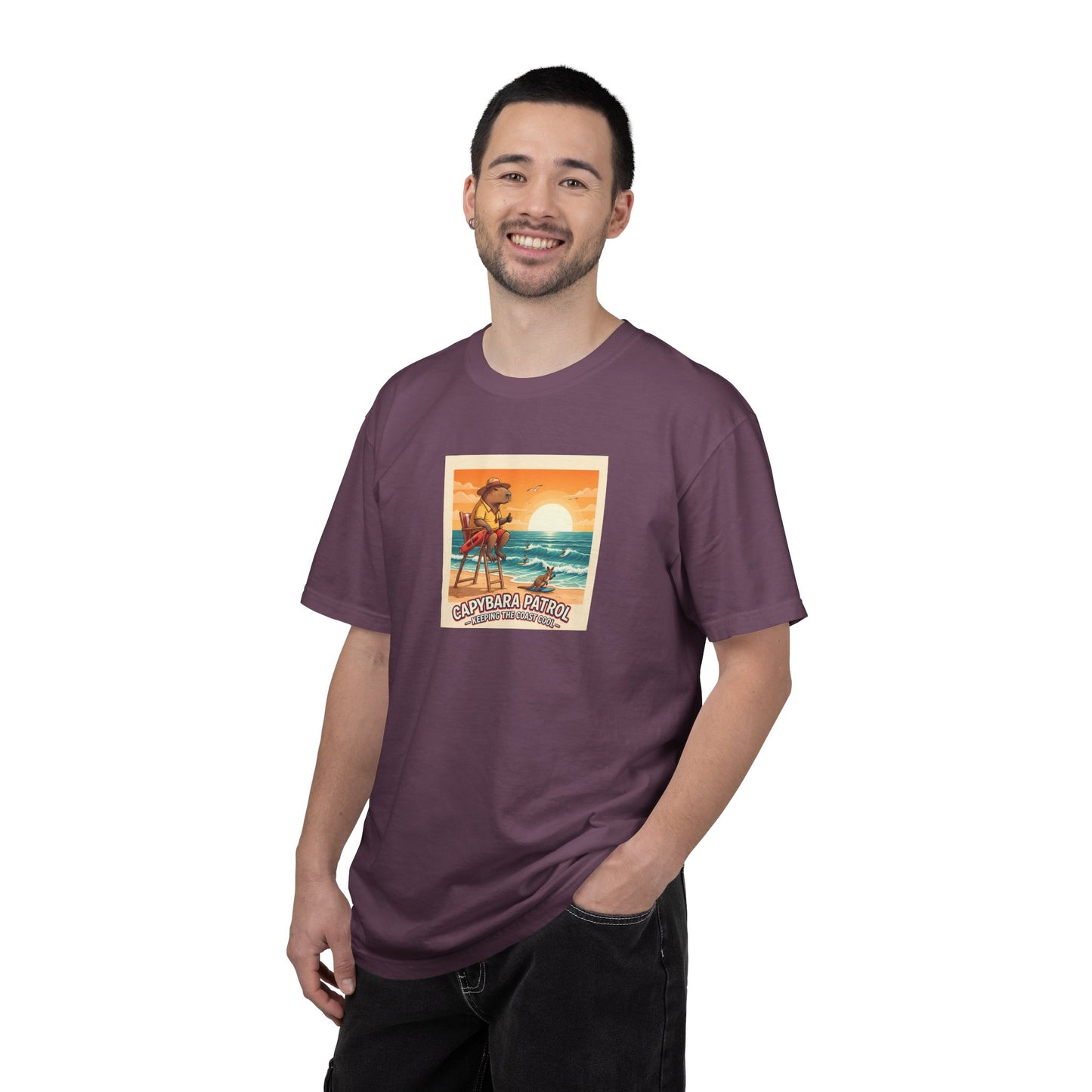 Capybara Patrol Sunset Surfing Capybara T-Shirt | Retro Beach Vibes
