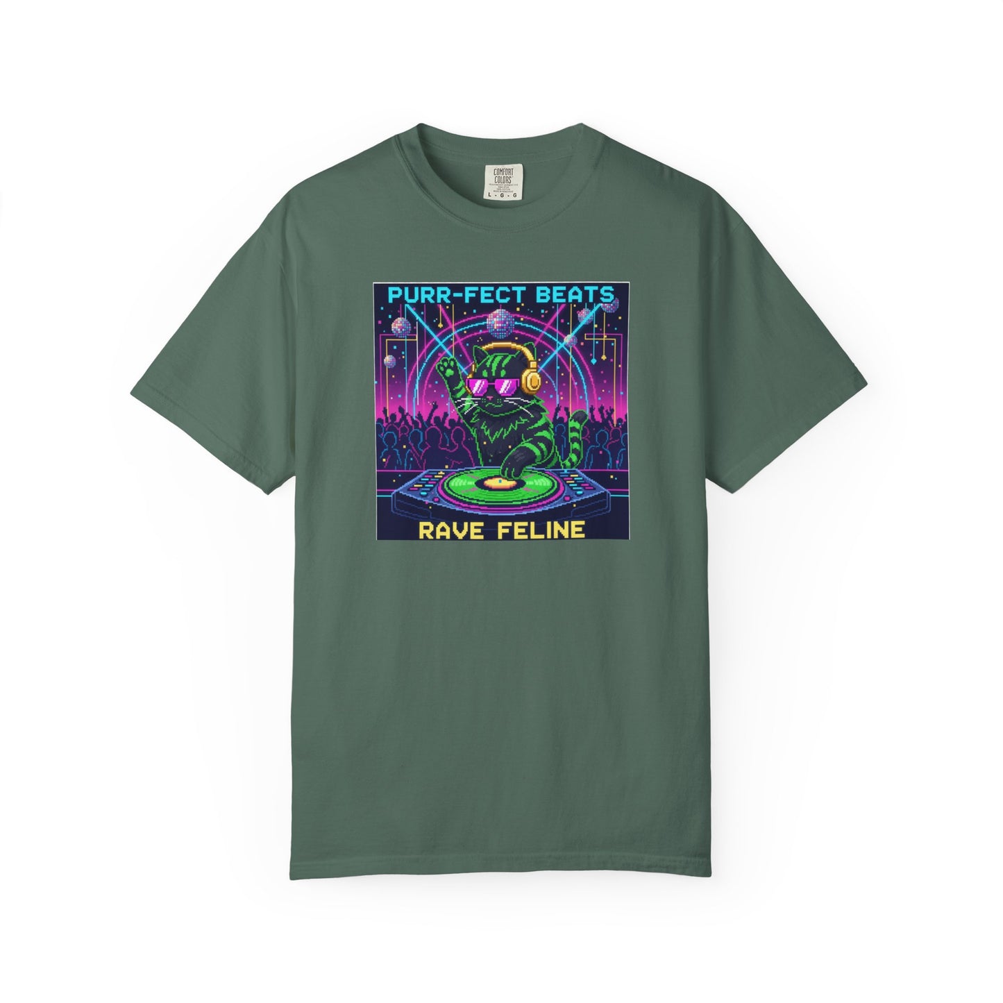 Purr-fect Beats Rave Feline DJ cat T-shirt | Neon EDM club design