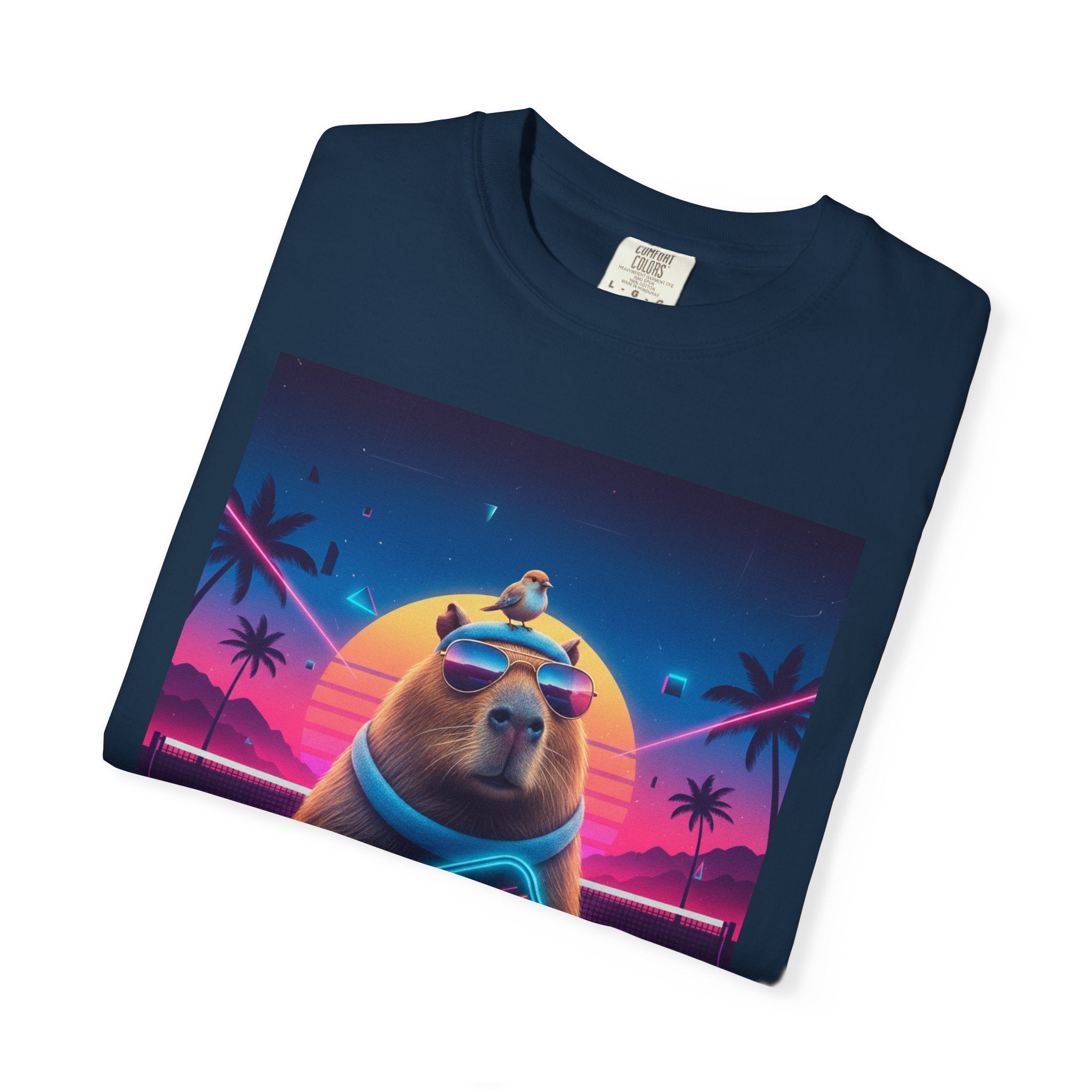 Retro Vaporwave Capybara with Sunglasses T-shirt | Neon Sunset Palm Trees