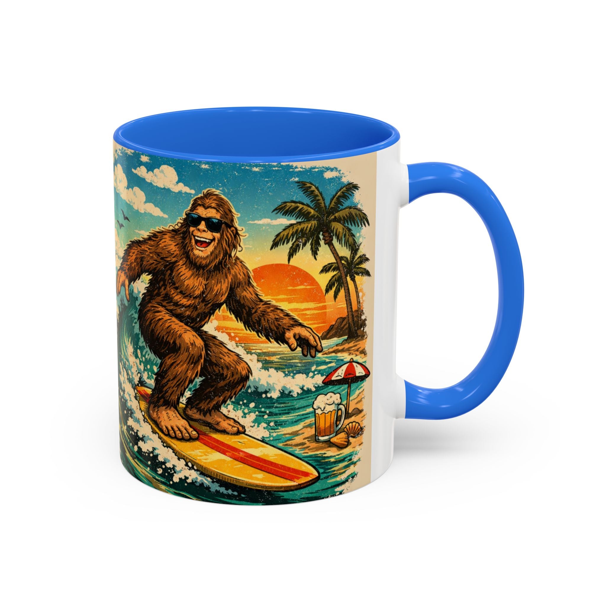 Surfing Bigfoot Mug | Retro Beach Sunset Bigfoot Wave Coffee Cup