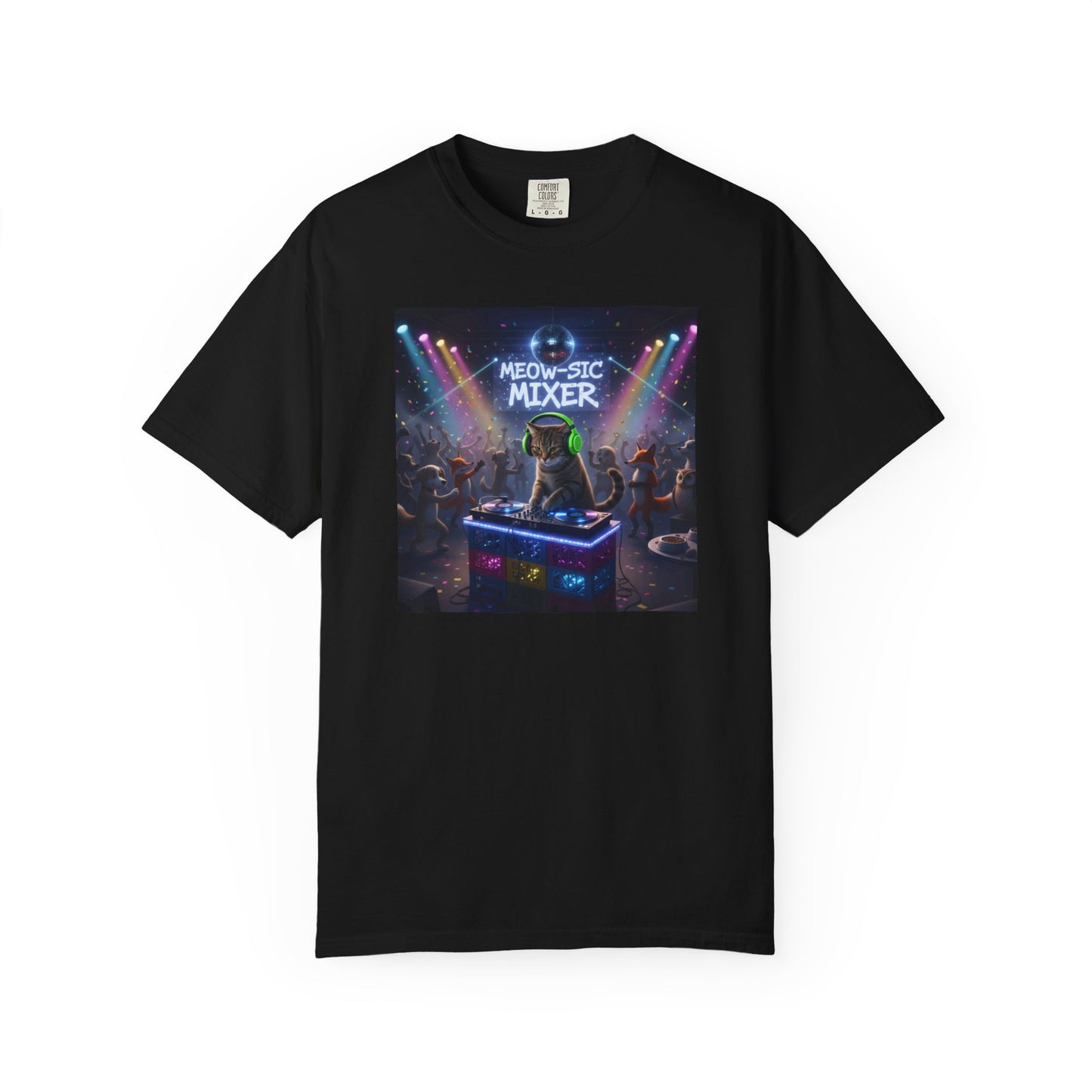 Melodic Mixer DJ Cat T-shirt | Neon Retro Music Party