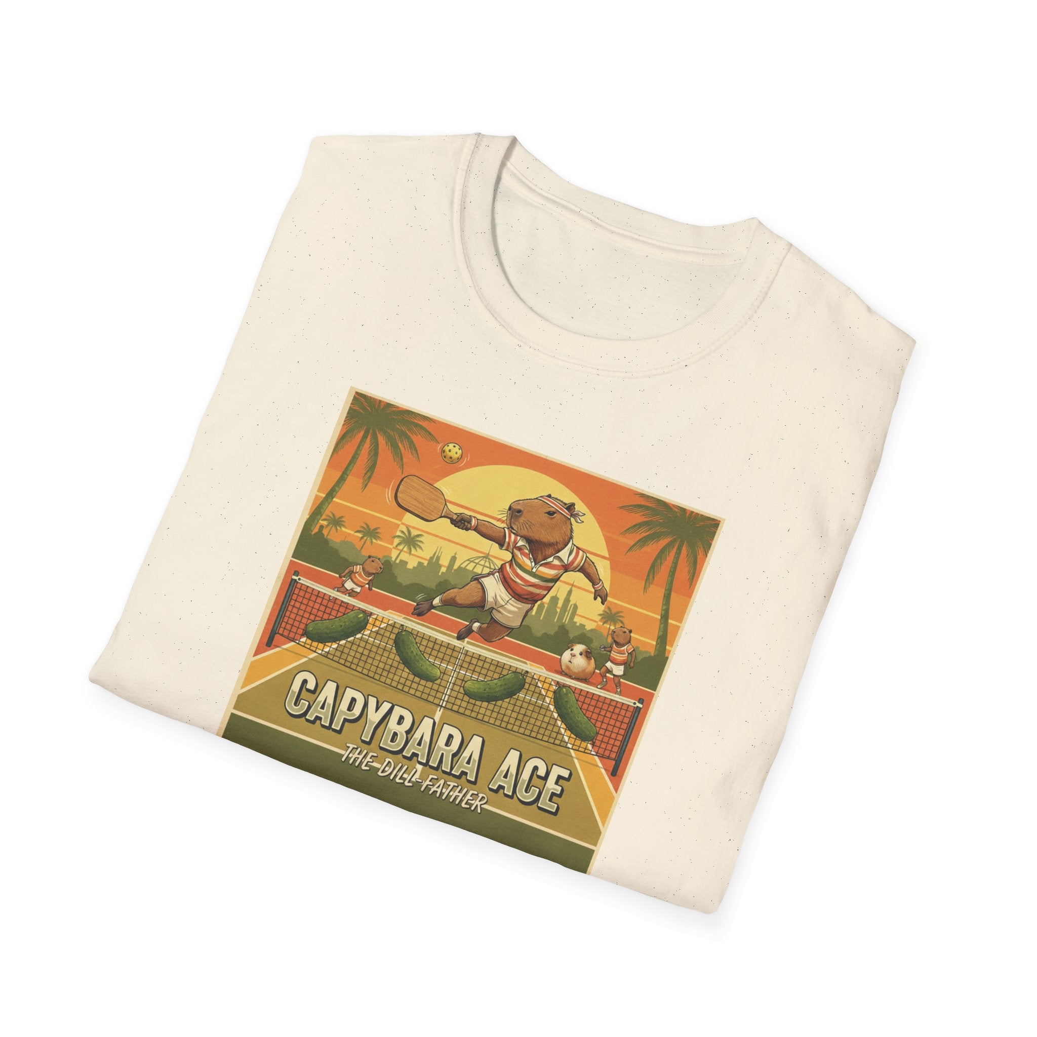 Capybara Ace Pickleball Player T-Shirt | Retro Tropical Court Design