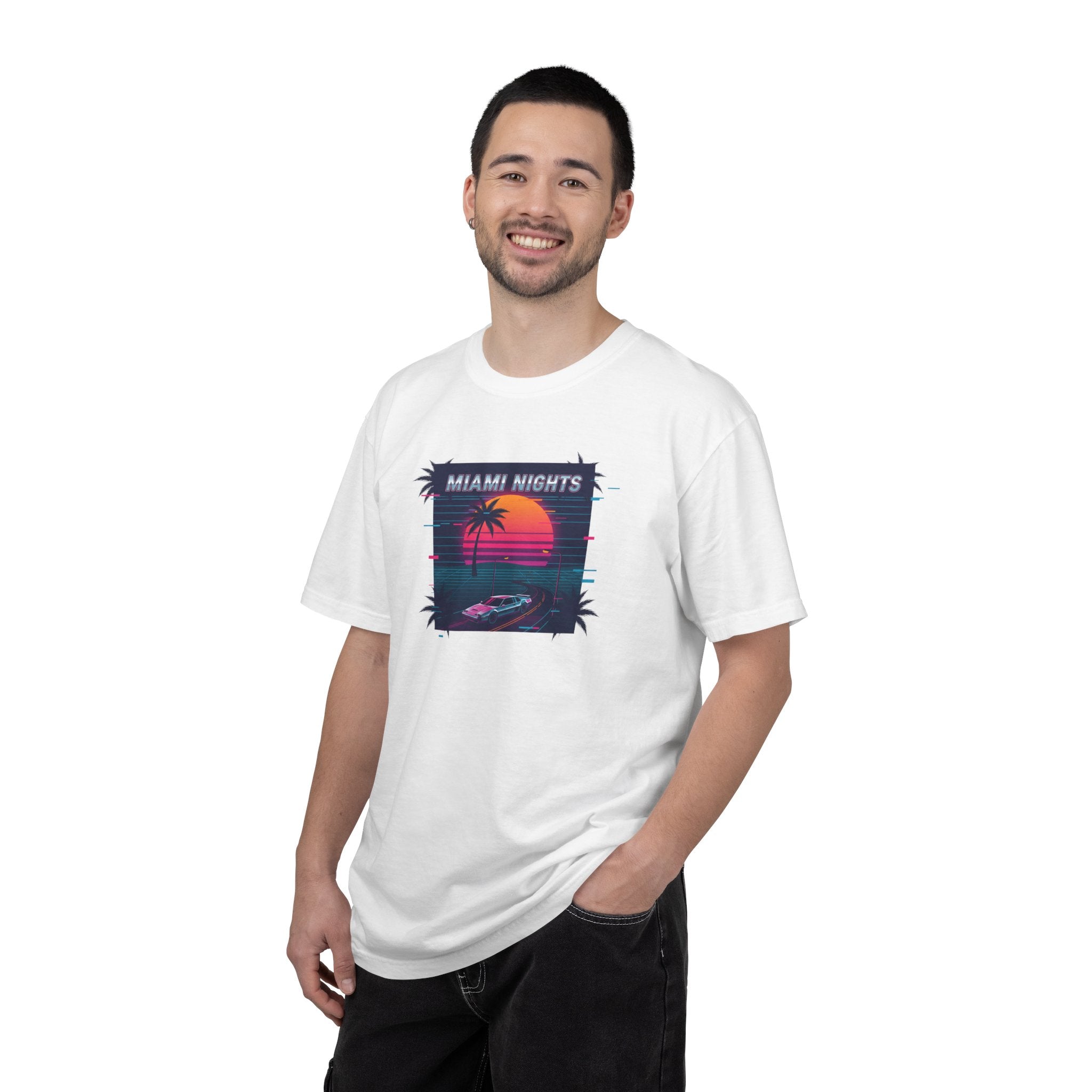 Miami Nights Sunset Palm T-shirt | Retro Vaporwave Beach Scene