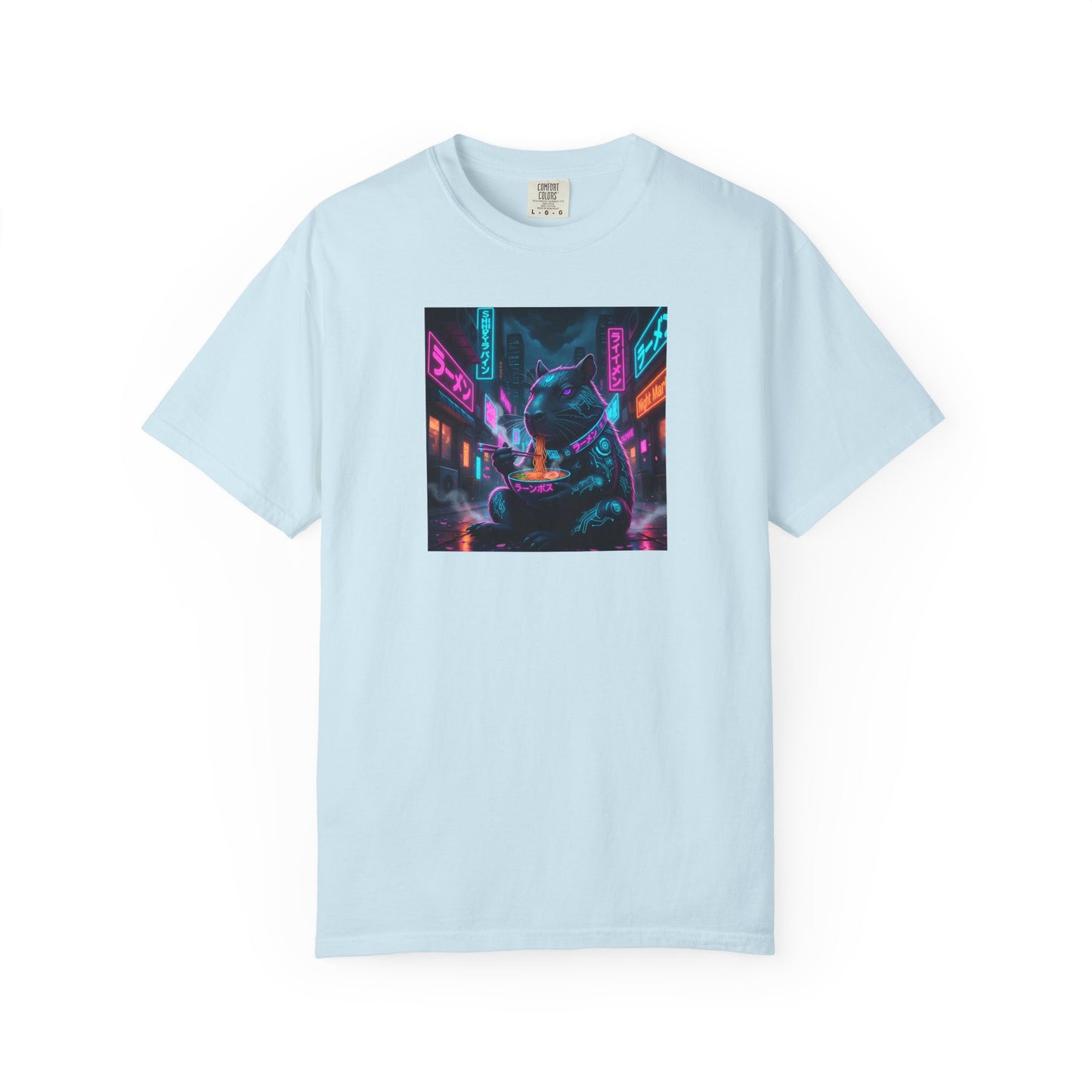 Neon Cyberpunk Capybara Cityscape T-Shirt | Futuristic Night Street Art