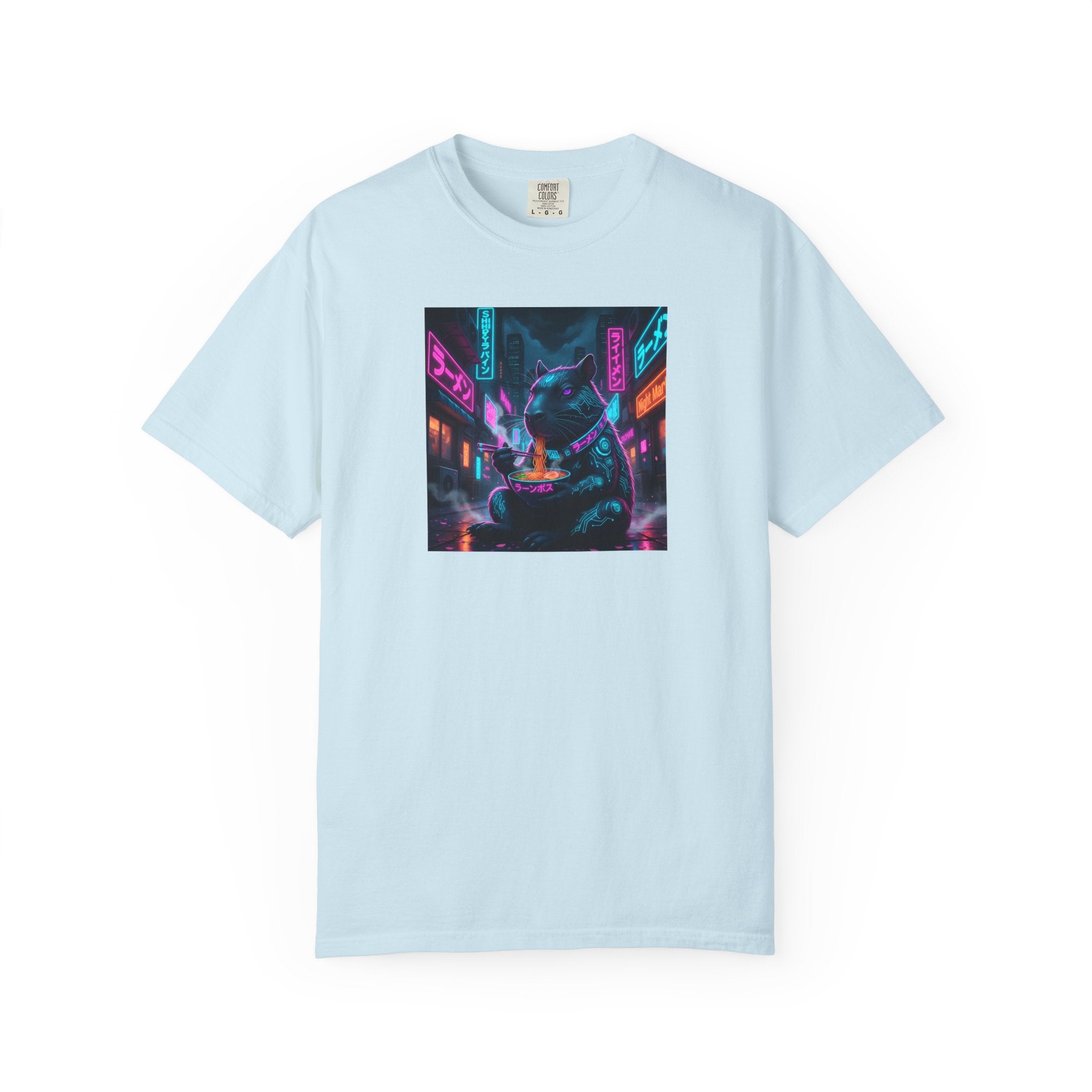 Neon Cyberpunk Capybara Cityscape T-Shirt | Futuristic Night Street Art