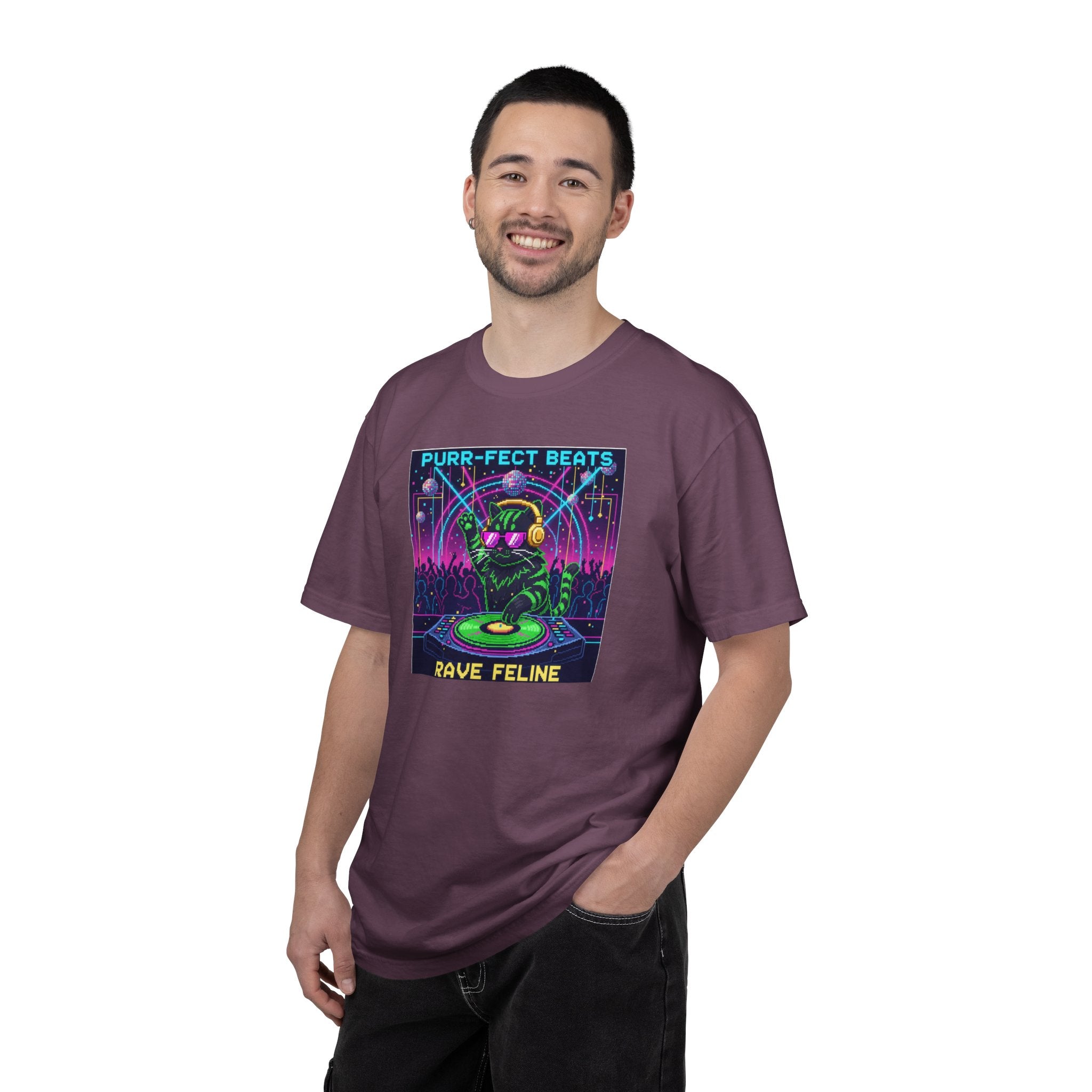 Purr-fect Beats Rave Feline DJ cat T-shirt | Neon EDM club design