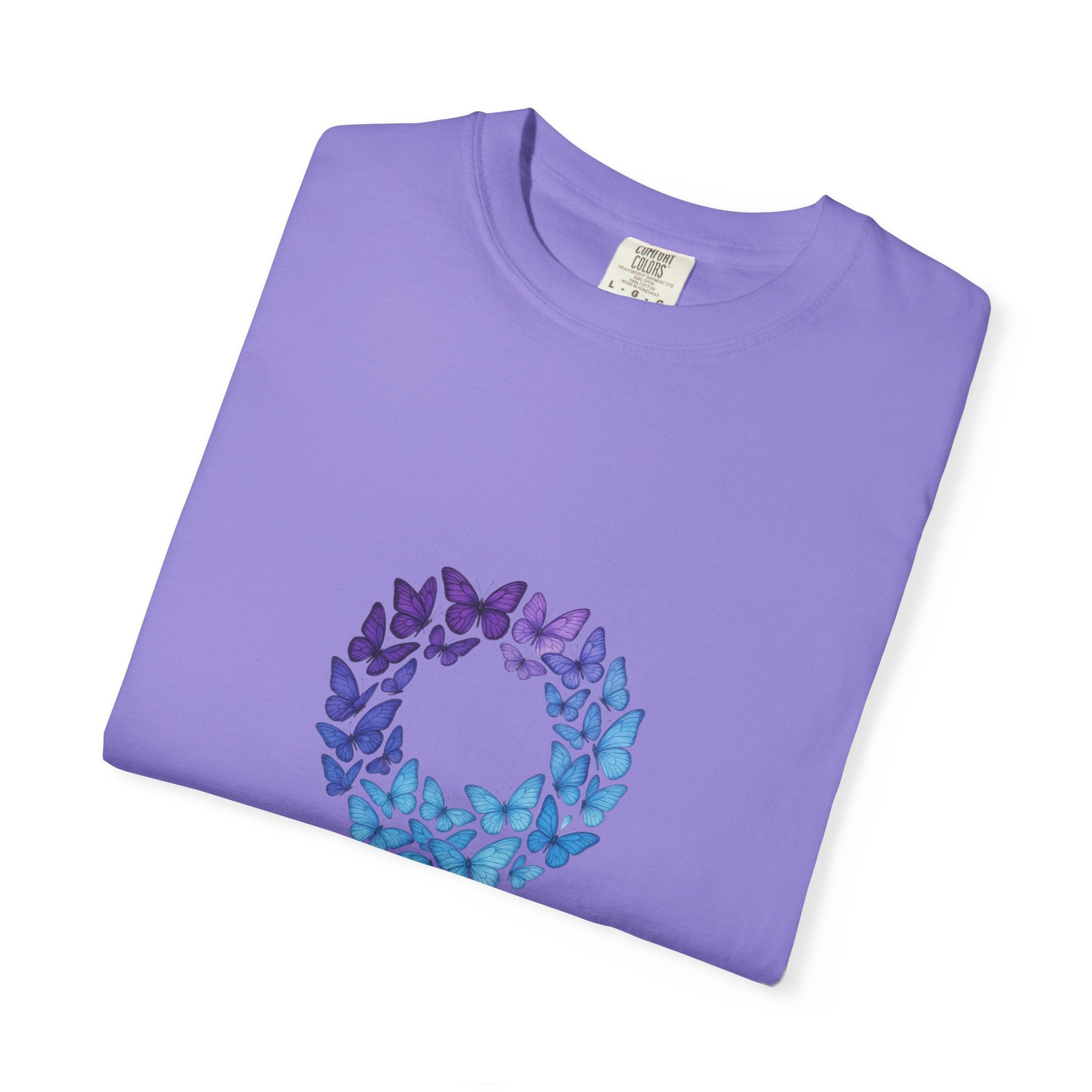 Blue Purple Butterfly Wreath T-shirt | Floral Circle Tee