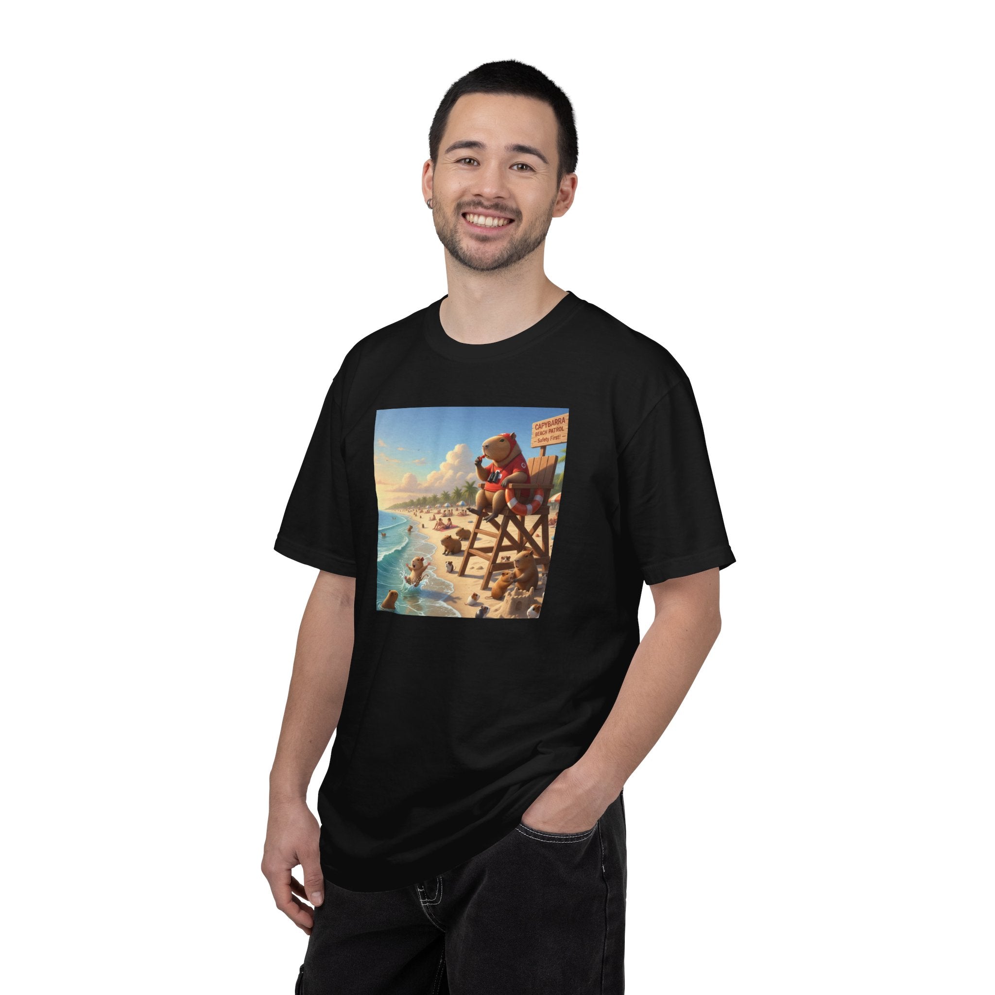 Lifeguard Capybara on Beach T-shirt | Surf Rescue Sunset Scene