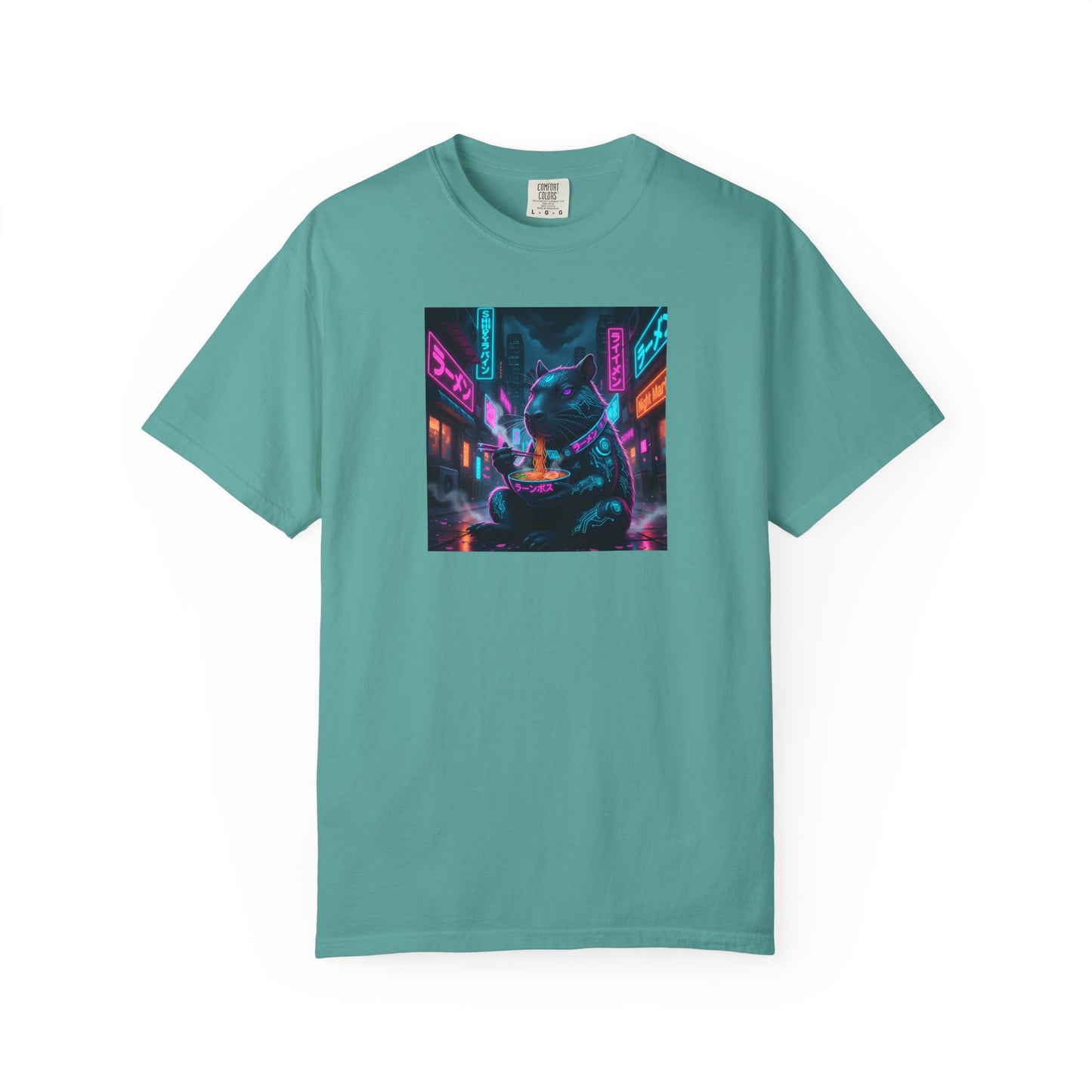 Neon Cyberpunk Capybara Cityscape T-Shirt | Futuristic Night Street Art