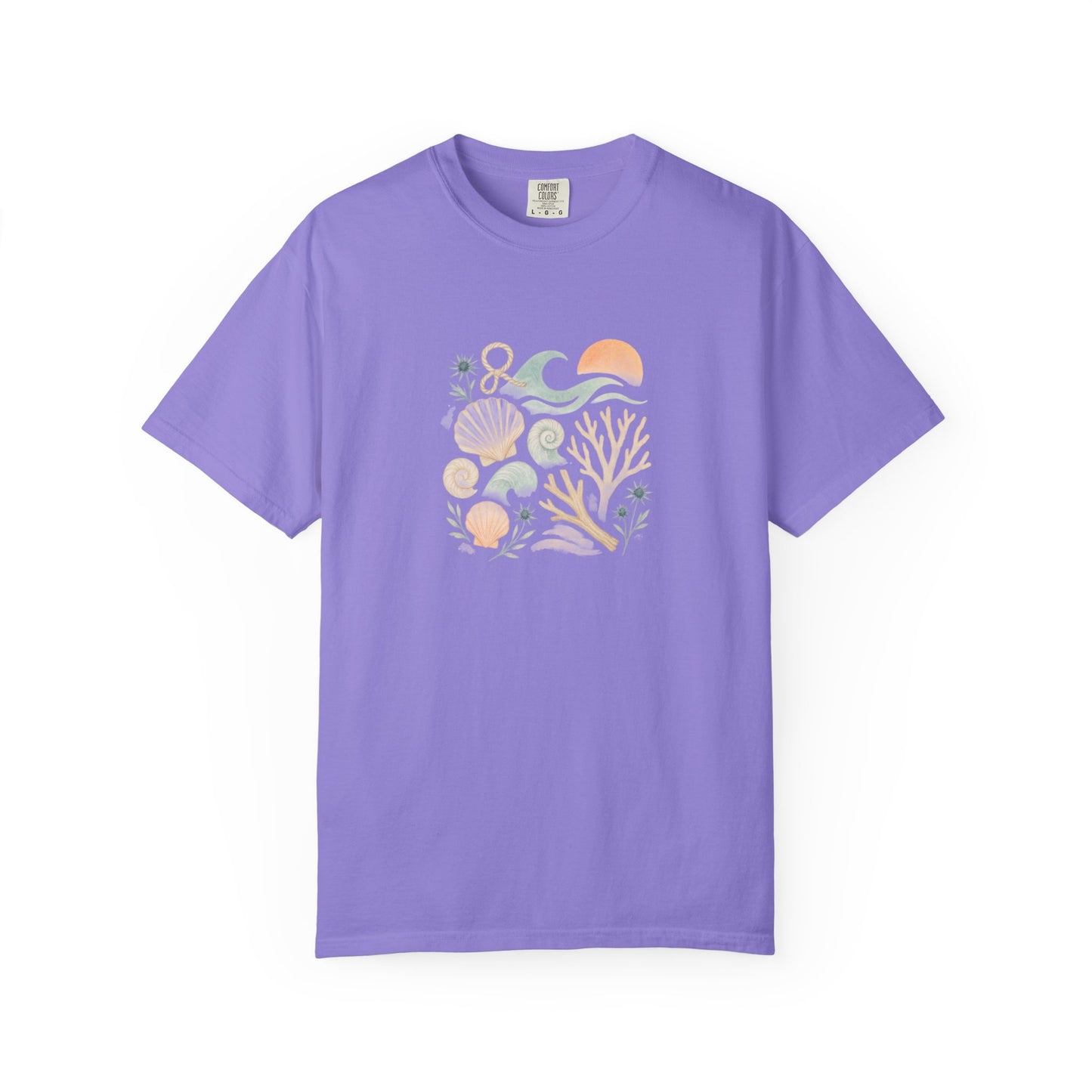 Coastal Seashells and Coral T-Shirt | Beach Wave Sunset Art