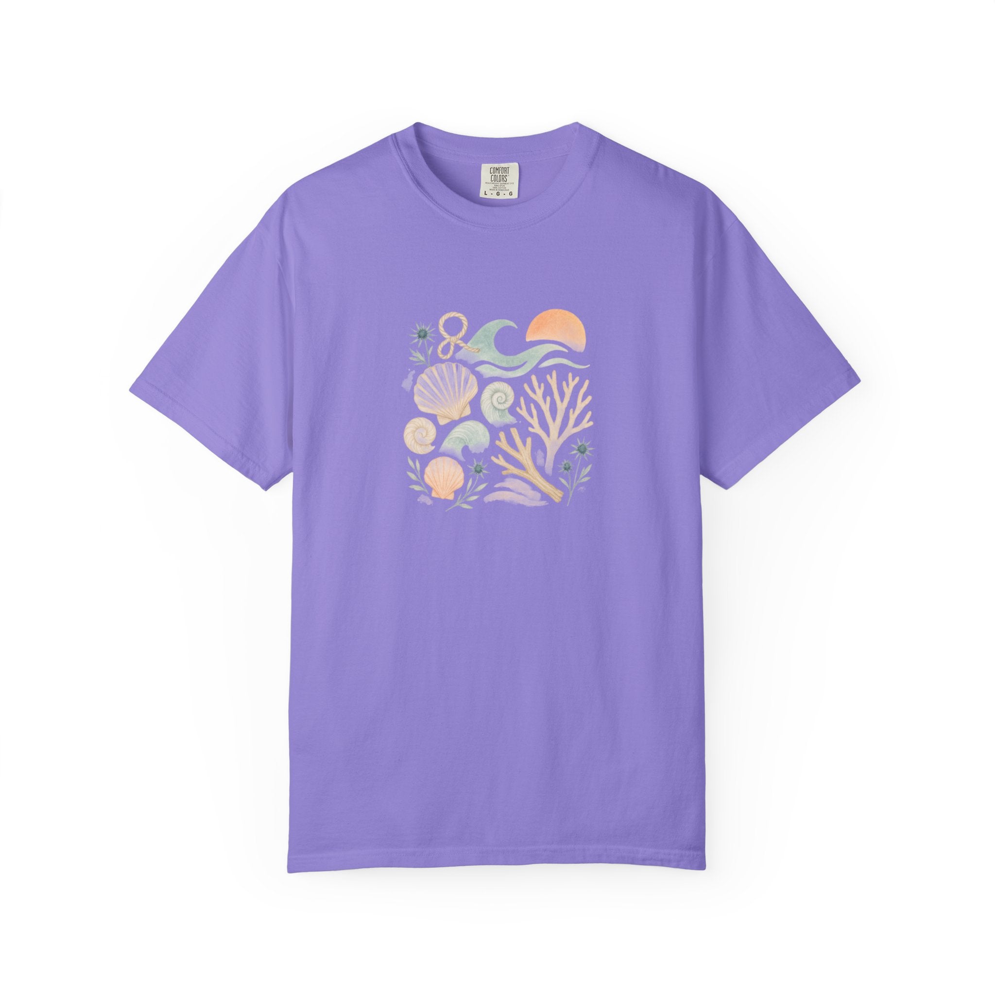 Coastal Seashells and Coral T-Shirt | Beach Wave Sunset Art
