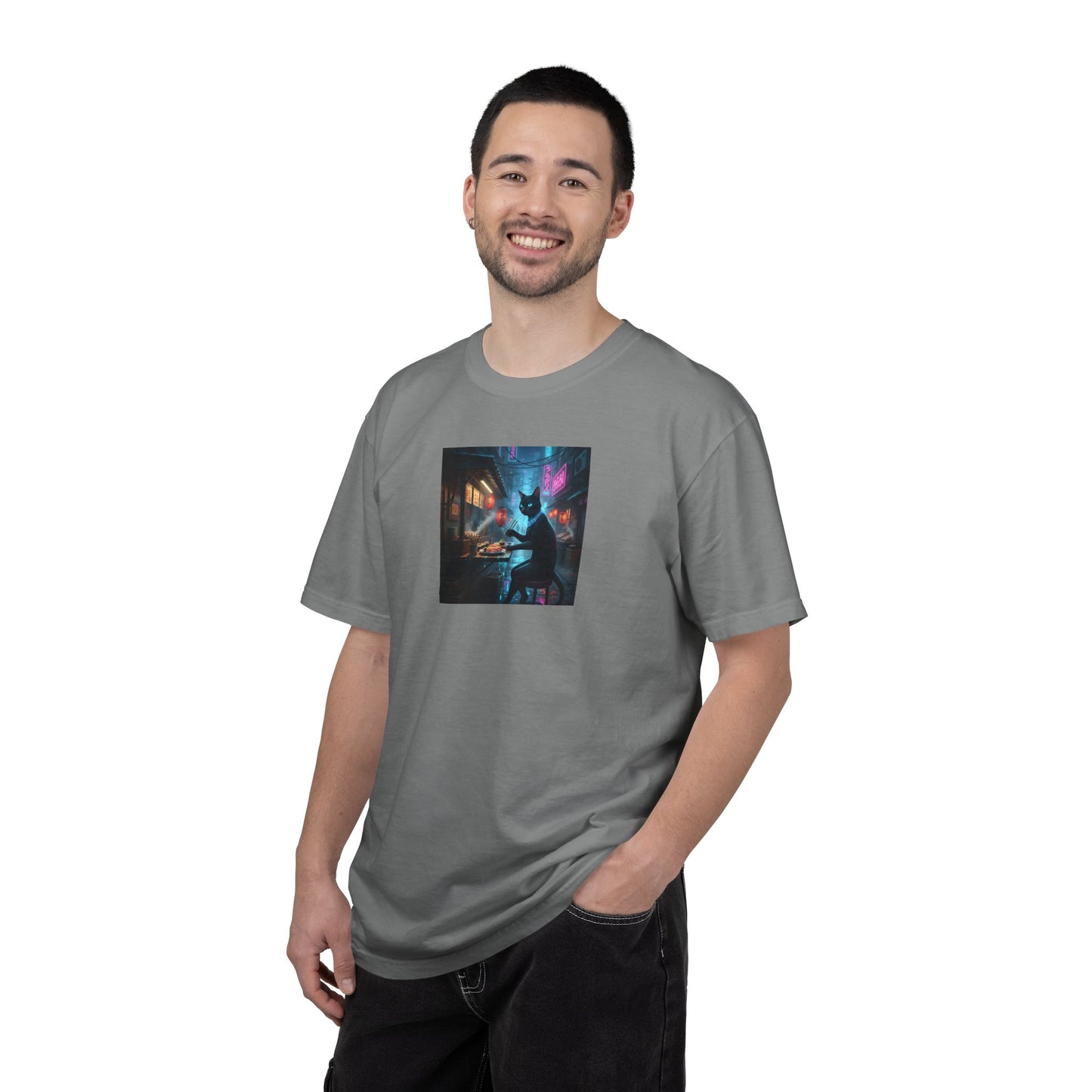 Cyberpunk Cat Sushi T-shirt | Neon Japan Noir