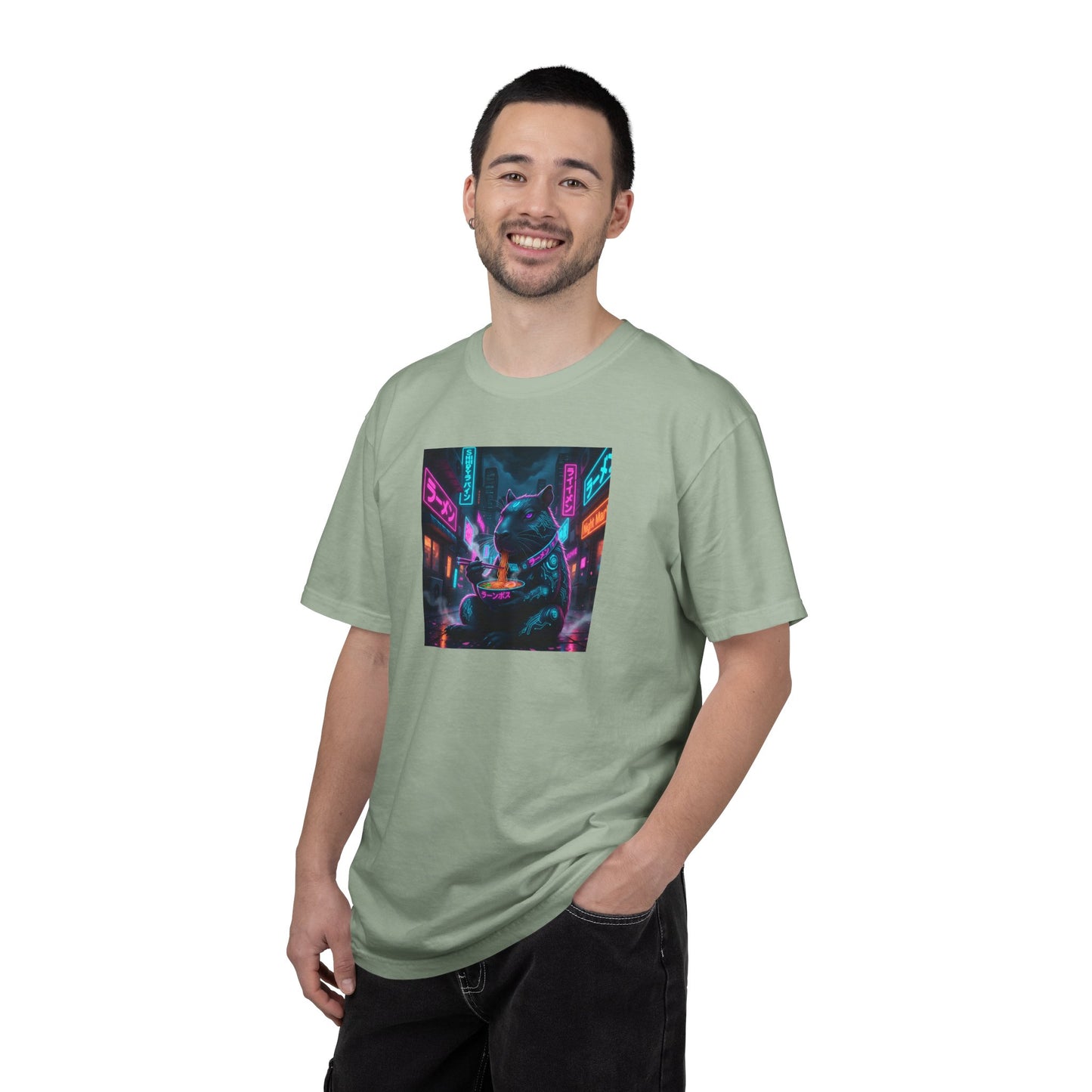 Neon Cyberpunk Capybara Cityscape T-Shirt | Futuristic Night Street Art