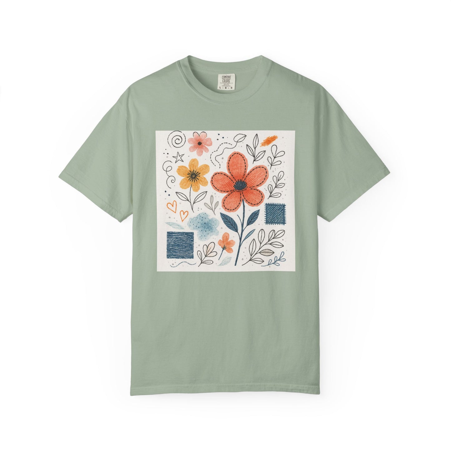 Hand-drawn Watercolor Floral Doodles T-shirt | Linocut & Embroidery Texture