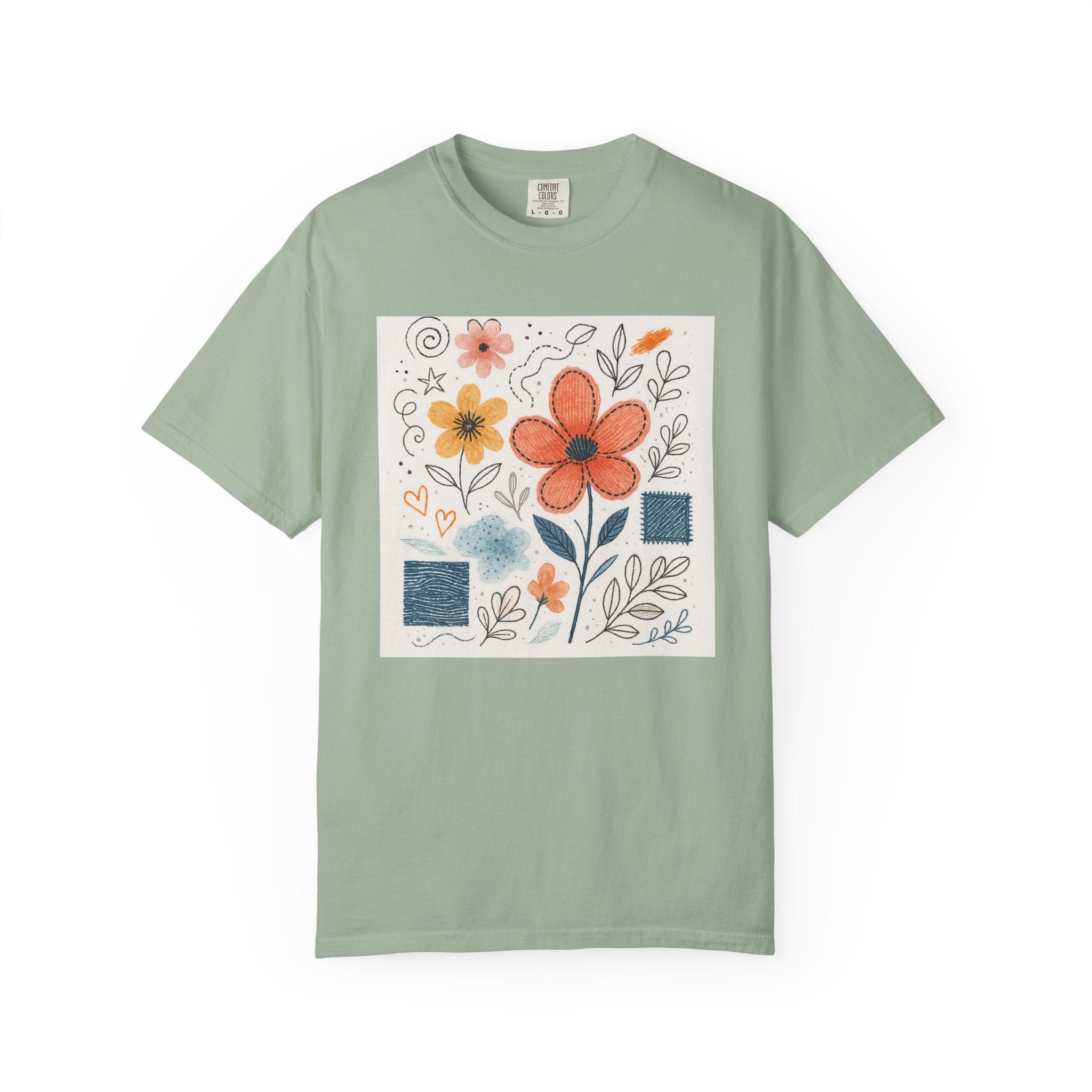 Hand-drawn Watercolor Floral Doodles T-shirt | Linocut & Embroidery Texture