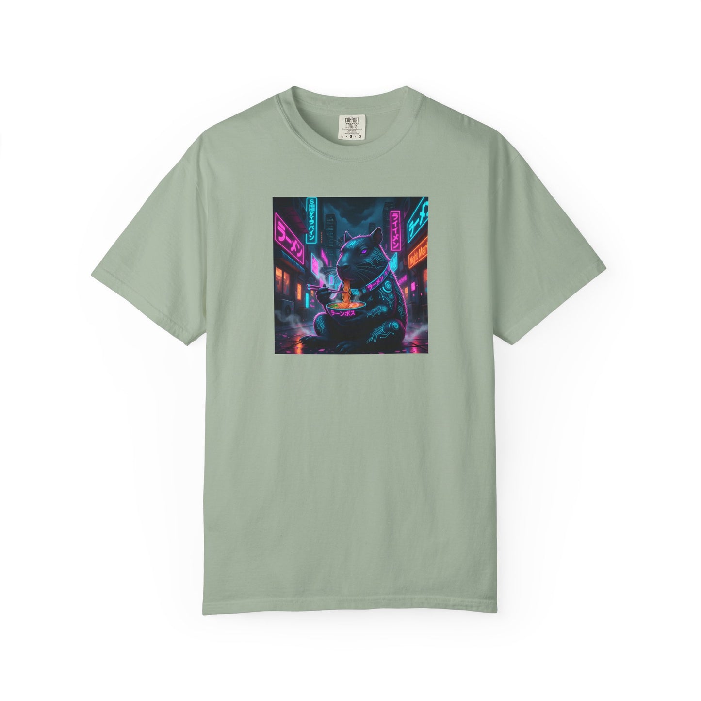Neon Cyberpunk Capybara Cityscape T-Shirt | Futuristic Night Street Art